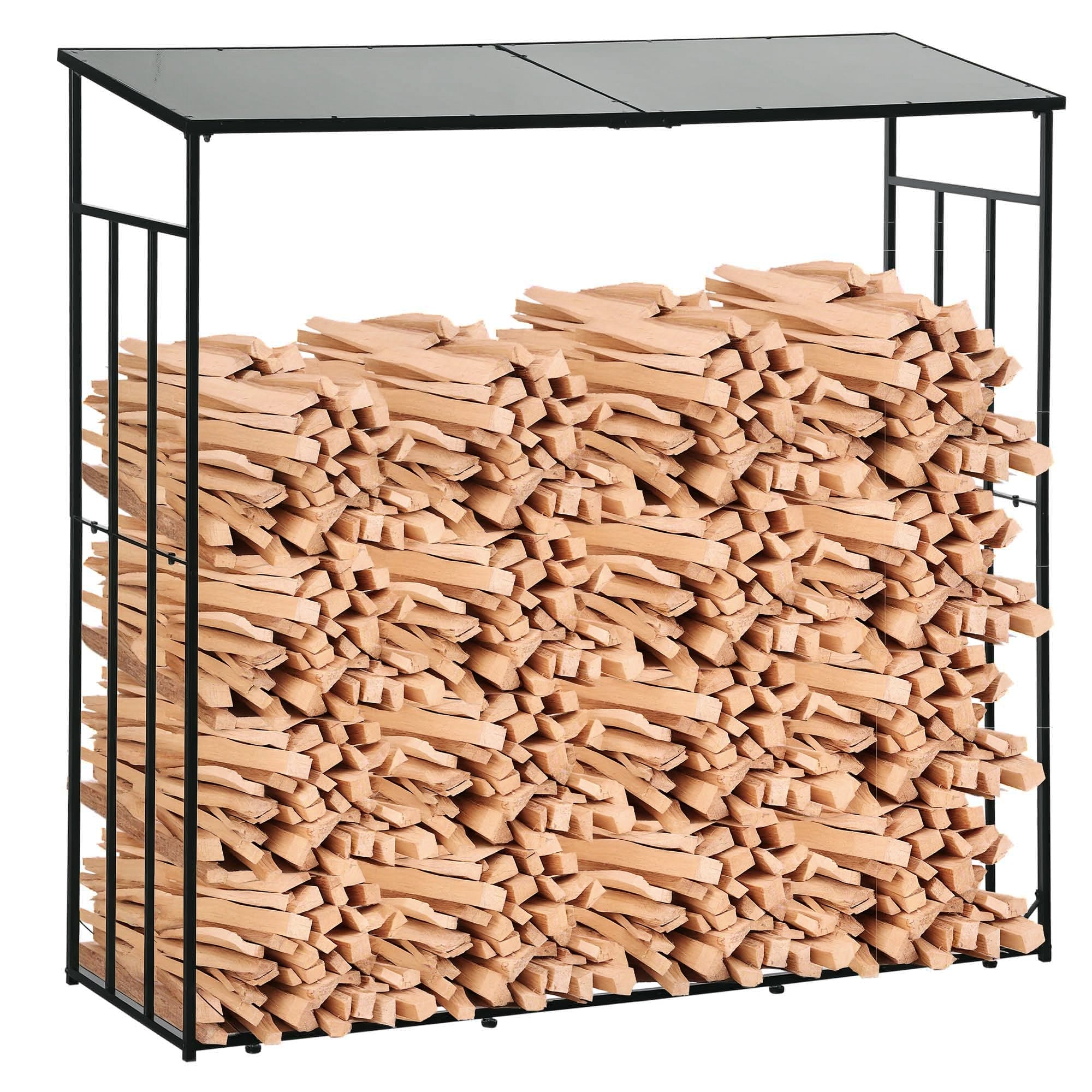 Outdoor Wood Storage Shed with Metal Frame and Polycarbonate Roof, Firewood Rack with 2100kg Load Capacity, 185x67x185 cm, Black