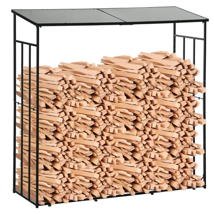 Outdoor Wood Storage Shed with Metal Frame and Polycarbonate Roof, Firewood Rack with 2100kg Load Capacity, 185x67x185 cm, Black