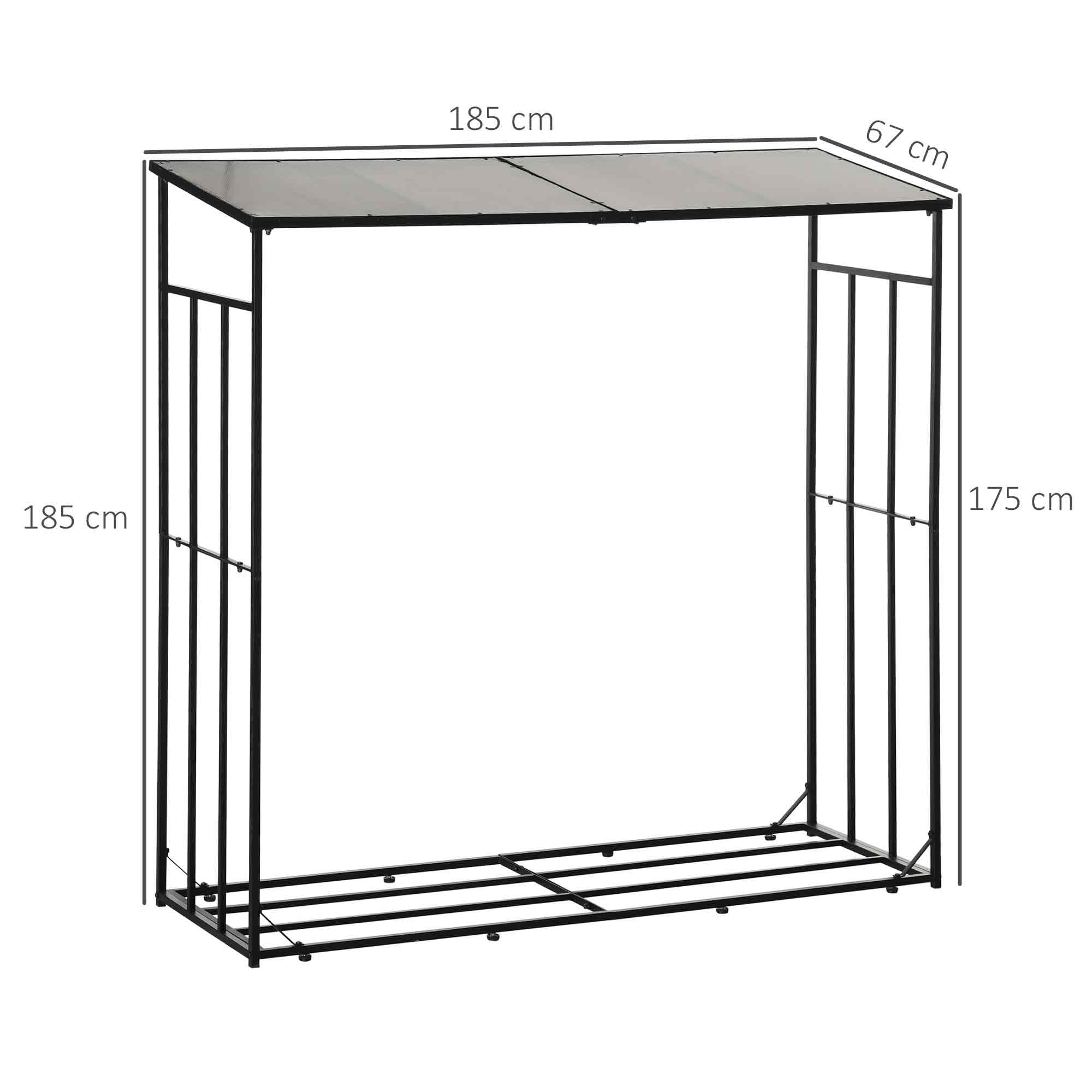 Outdoor Wood Storage Shed with Metal Frame and Polycarbonate Roof, Firewood Rack with 2100kg Load Capacity, 185x67x185 cm, Black