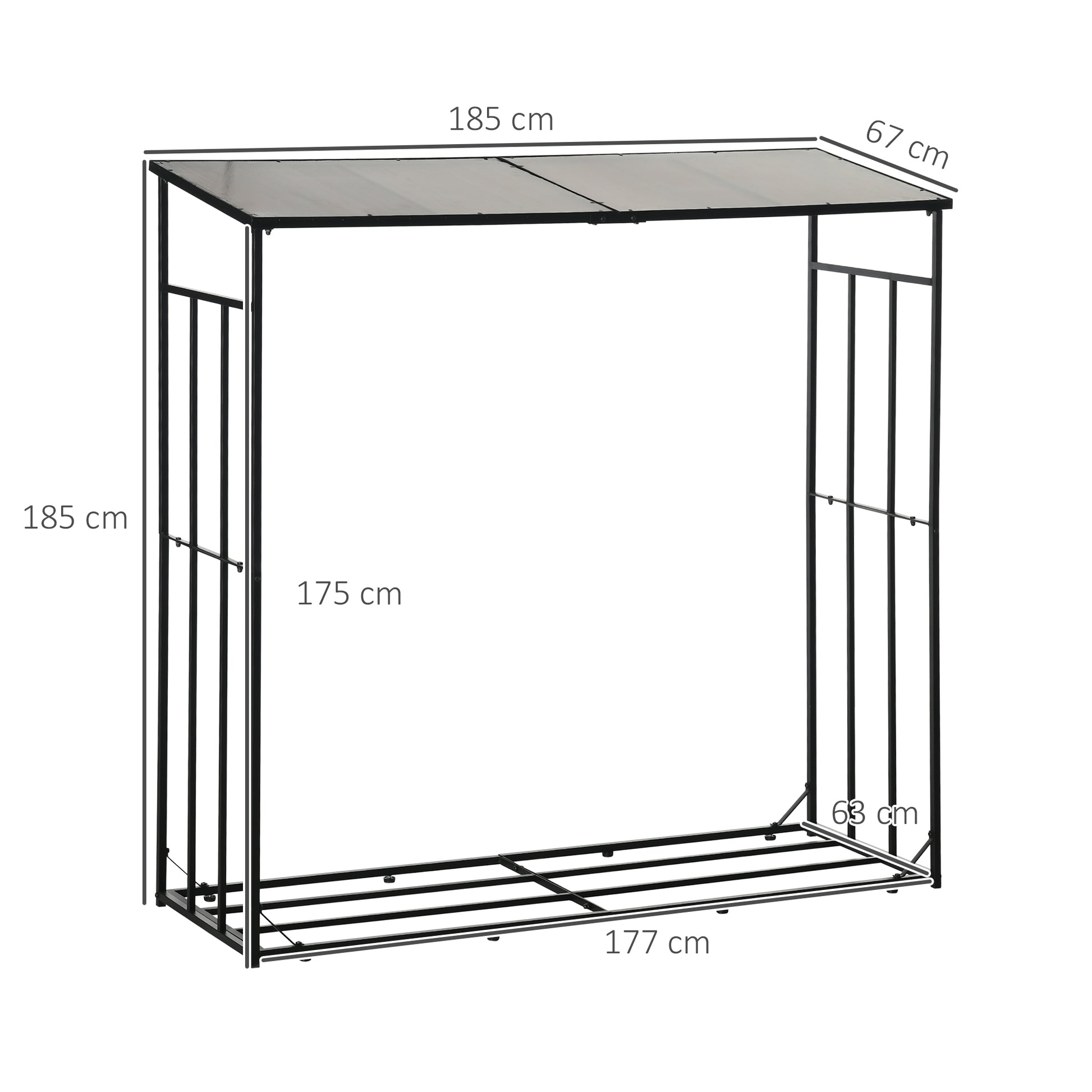 Outdoor Wood Storage Shed with Metal Frame and Polycarbonate Roof, Firewood Rack with 2100kg Load Capacity, 185x67x185 cm, Black
