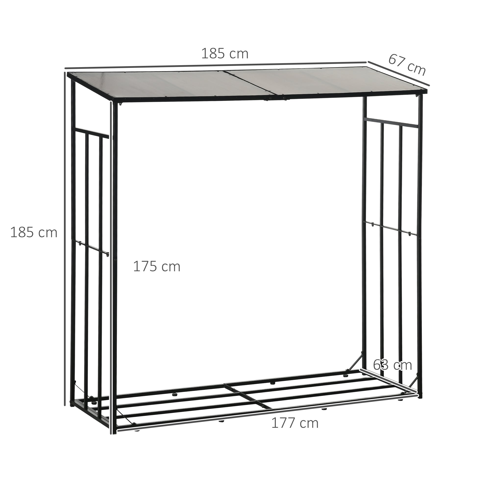 Outdoor Wood Storage Shed with Metal Frame and Polycarbonate Roof, Firewood Rack with 2100kg Load Capacity, 185x67x185 cm, Black