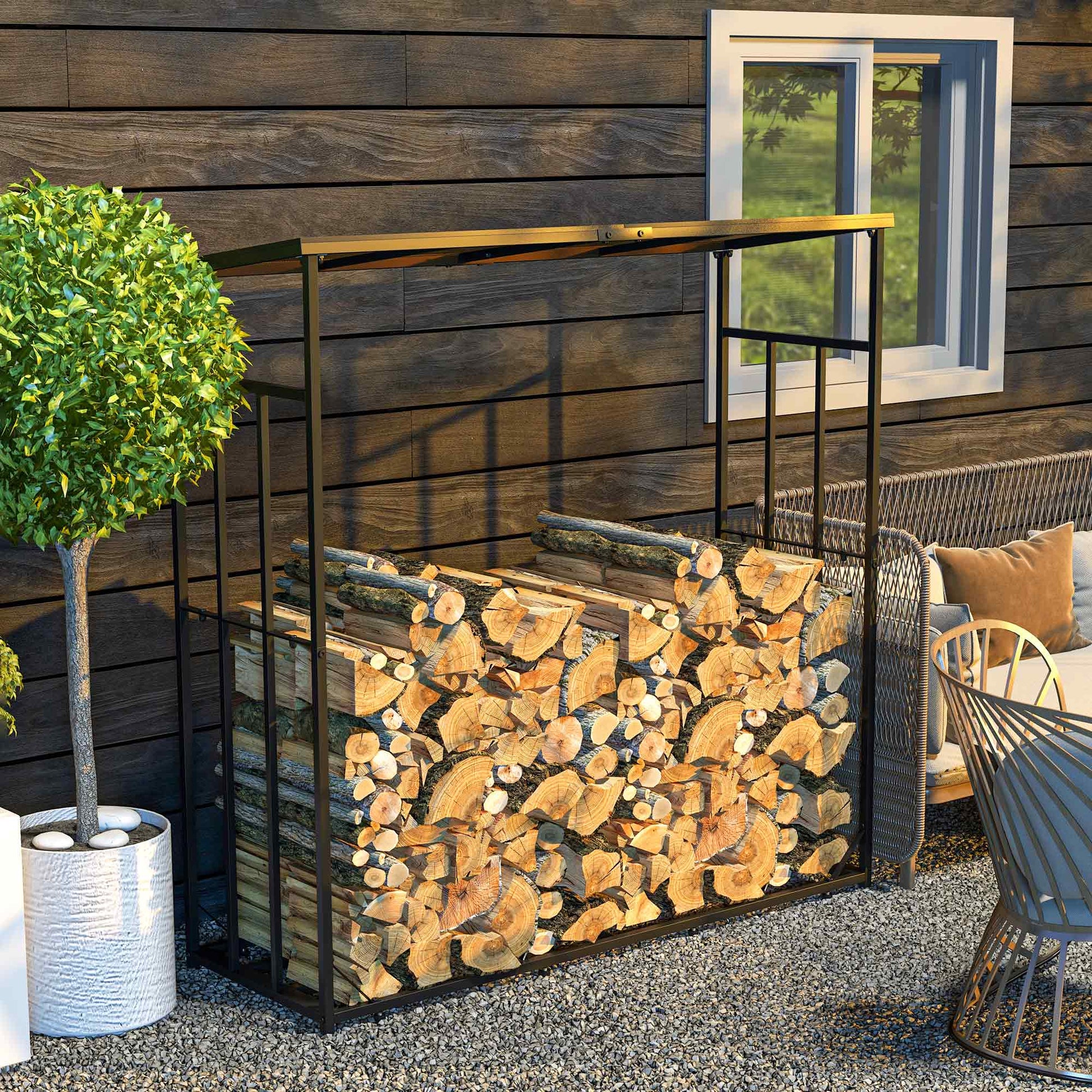 Outdoor Wood Storage Shed with Metal Frame and Polycarbonate Roof, Firewood Rack with 2100kg Load Capacity, 185x67x185 cm, Black