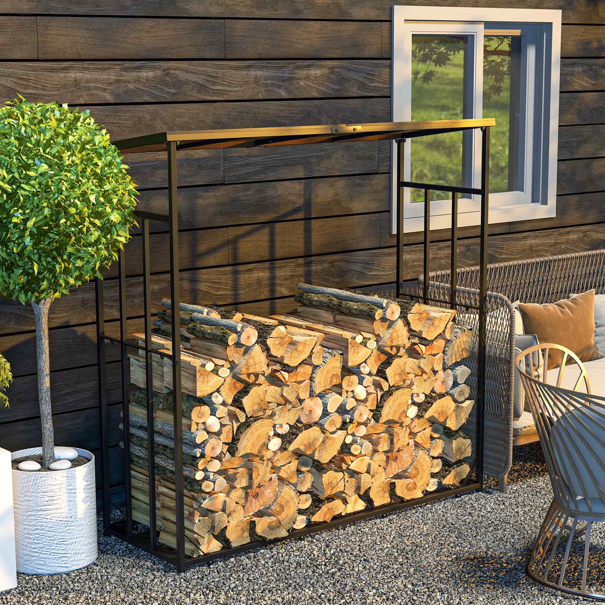 Outdoor Wood Storage Shed with Metal Frame and Polycarbonate Roof, Firewood Rack with 2100kg Load Capacity, 185x67x185 cm, Black