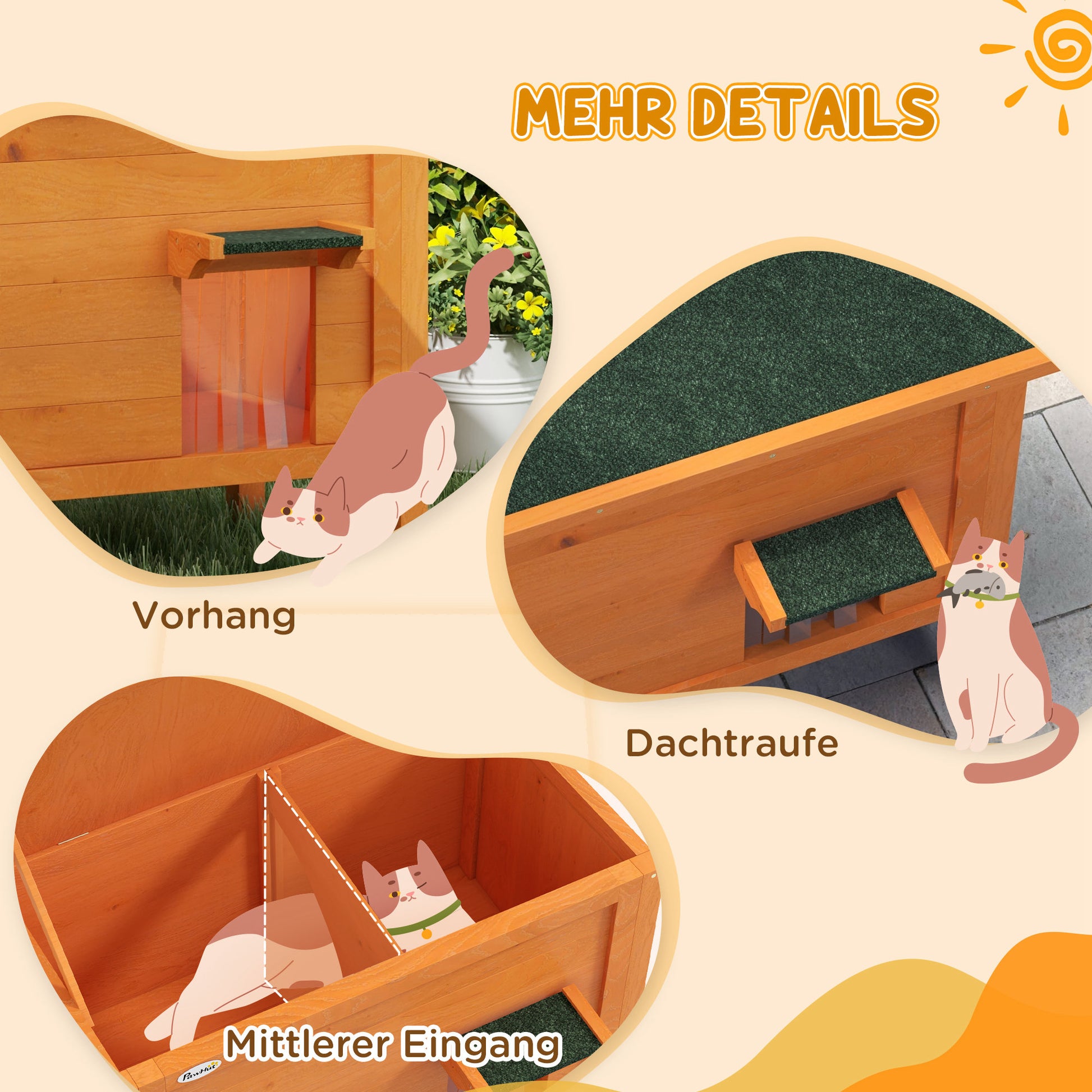 Wooden Cat House Winterproof Waterproof Cat Shelter with Asphalt Roof Bottom Feet Cat Cave Cat Box Outdoor Shelter for Outside Garden Balcony 85 x 50 x 68.5 cm Orange