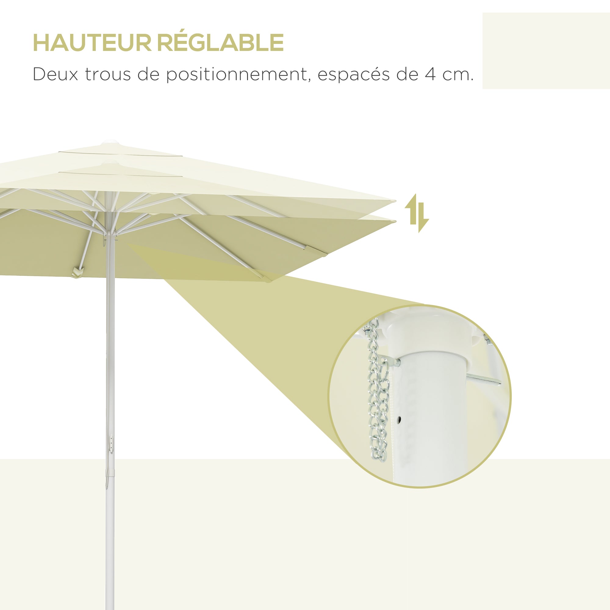 Garden Parasol, Square Outdoor Umbrella 2.48 x 2.48 x 2.50 m, 2 Adjustable Heights, High-Density 180 g/m² Fabric, Aluminum and Metal, Beige