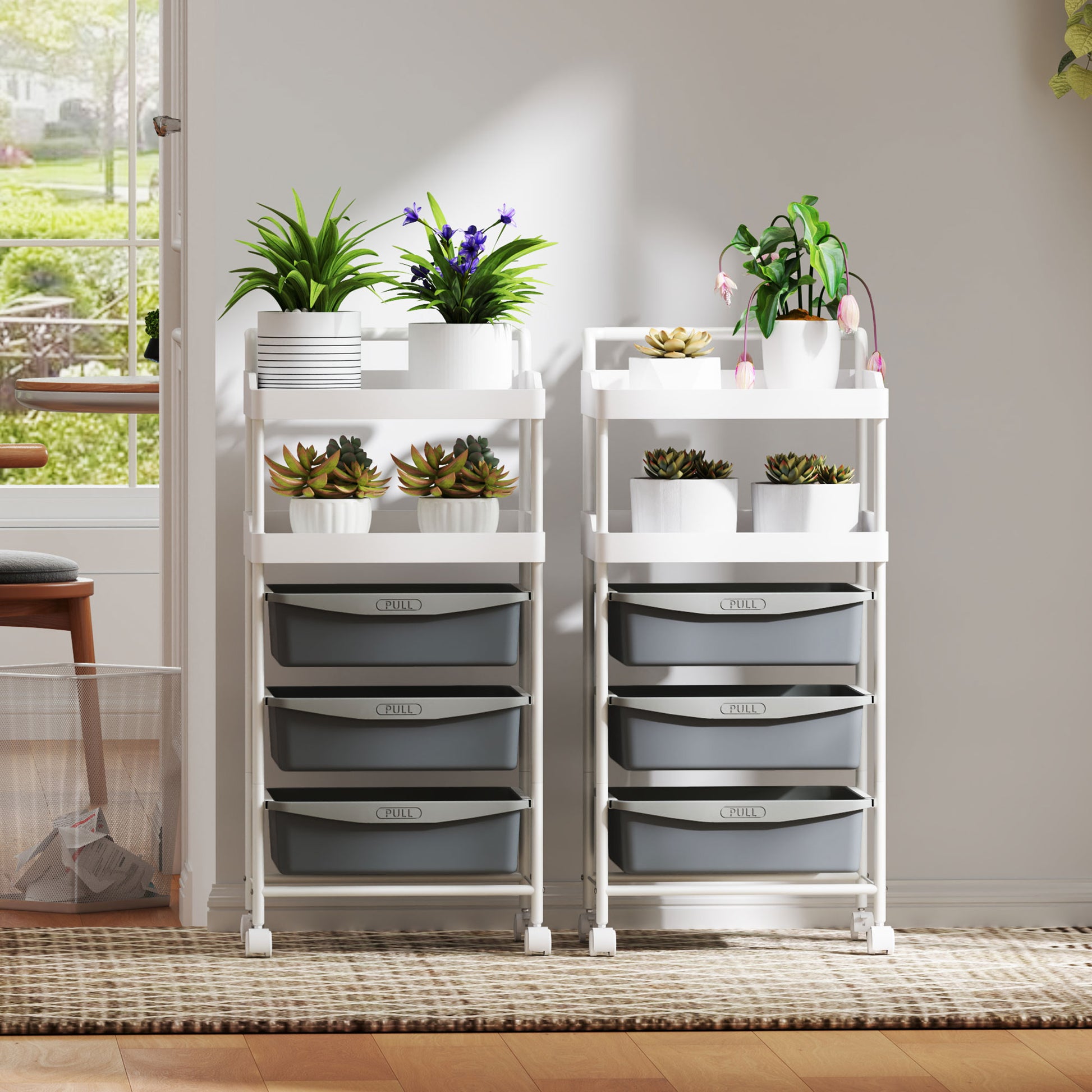 Space-saving Kitchen Trolley with 5 Levels and 2 Fixed Trays and 3 Sliding Trays, Storage Trolley with Steel and PP Wheels, for Living Room, Kitchen, Office, 40x34x85 cm, White