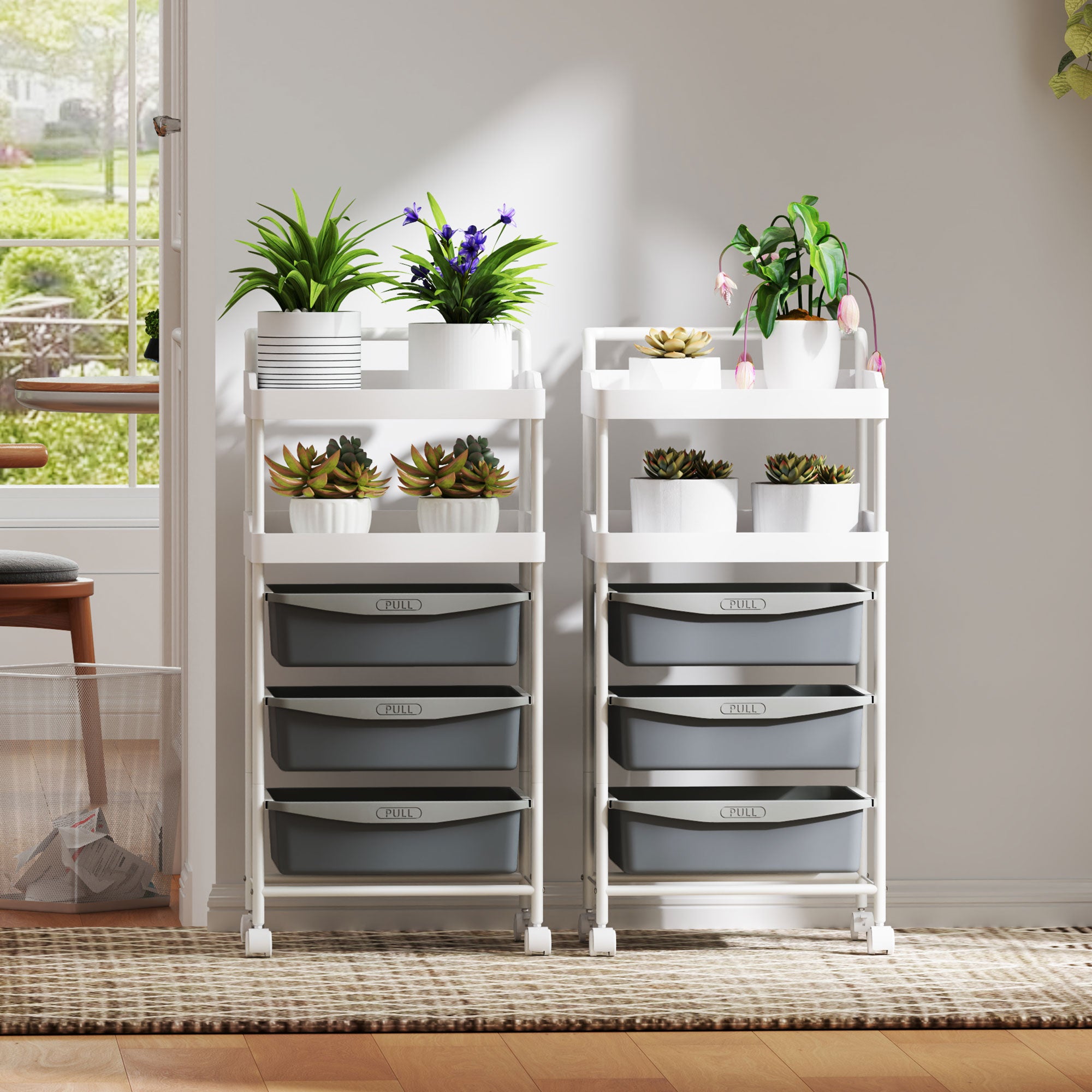 Space-saving Kitchen Trolley with 5 Levels and 2 Fixed Trays and 3 Sliding Trays, Storage Trolley with Steel and PP Wheels, for Living Room, Kitchen, Office, 40x34x85 cm, White