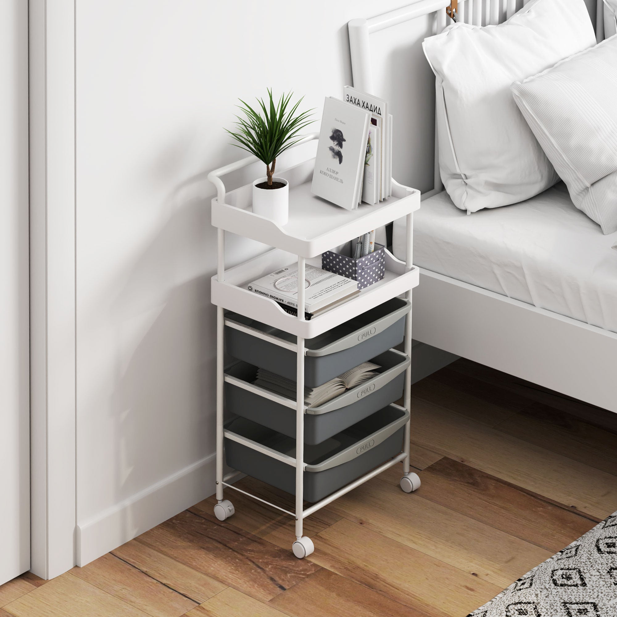 Space-saving Kitchen Trolley with 5 Levels and 2 Fixed Trays and 3 Sliding Trays, Storage Trolley with Steel and PP Wheels, for Living Room, Kitchen, Office, 40x34x85 cm, White