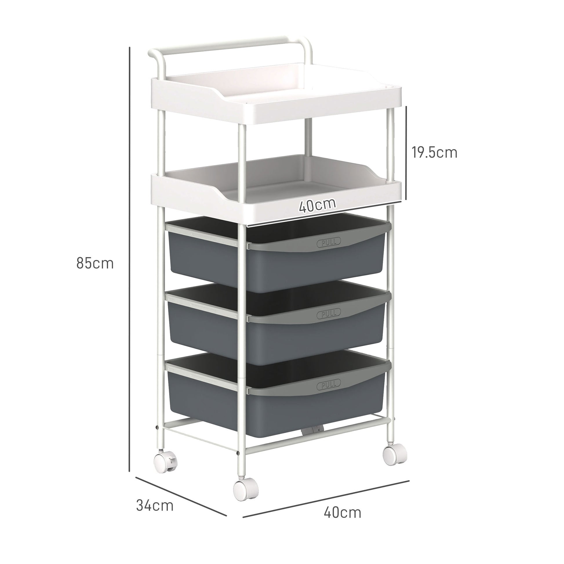 Space-saving Kitchen Trolley with 5 Levels and 2 Fixed Trays and 3 Sliding Trays, Storage Trolley with Steel and PP Wheels, for Living Room, Kitchen, Office, 40x34x85 cm, White