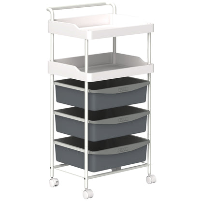 Space-saving Kitchen Trolley with 5 Levels and 2 Fixed Trays and 3 Sliding Trays, Storage Trolley with Steel and PP Wheels, for Living Room, Kitchen, Office, 40x34x85 cm, White