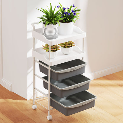 Space-saving Kitchen Trolley with 5 Levels and 2 Fixed Trays and 3 Sliding Trays, Storage Trolley with Steel and PP Wheels, for Living Room, Kitchen, Office, 40x34x85 cm, White