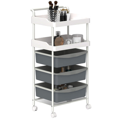 Space-saving Kitchen Trolley with 5 Levels and 2 Fixed Trays and 3 Sliding Trays, Storage Trolley with Steel and PP Wheels, for Living Room, Kitchen, Office, 40x34x85 cm, White