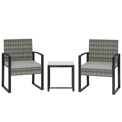 PE Rattan Bistro Set, 3-Piece Garden Set with 2 Chairs, Side Table, Removable Cushions, Balcony/Patio, Light Gray