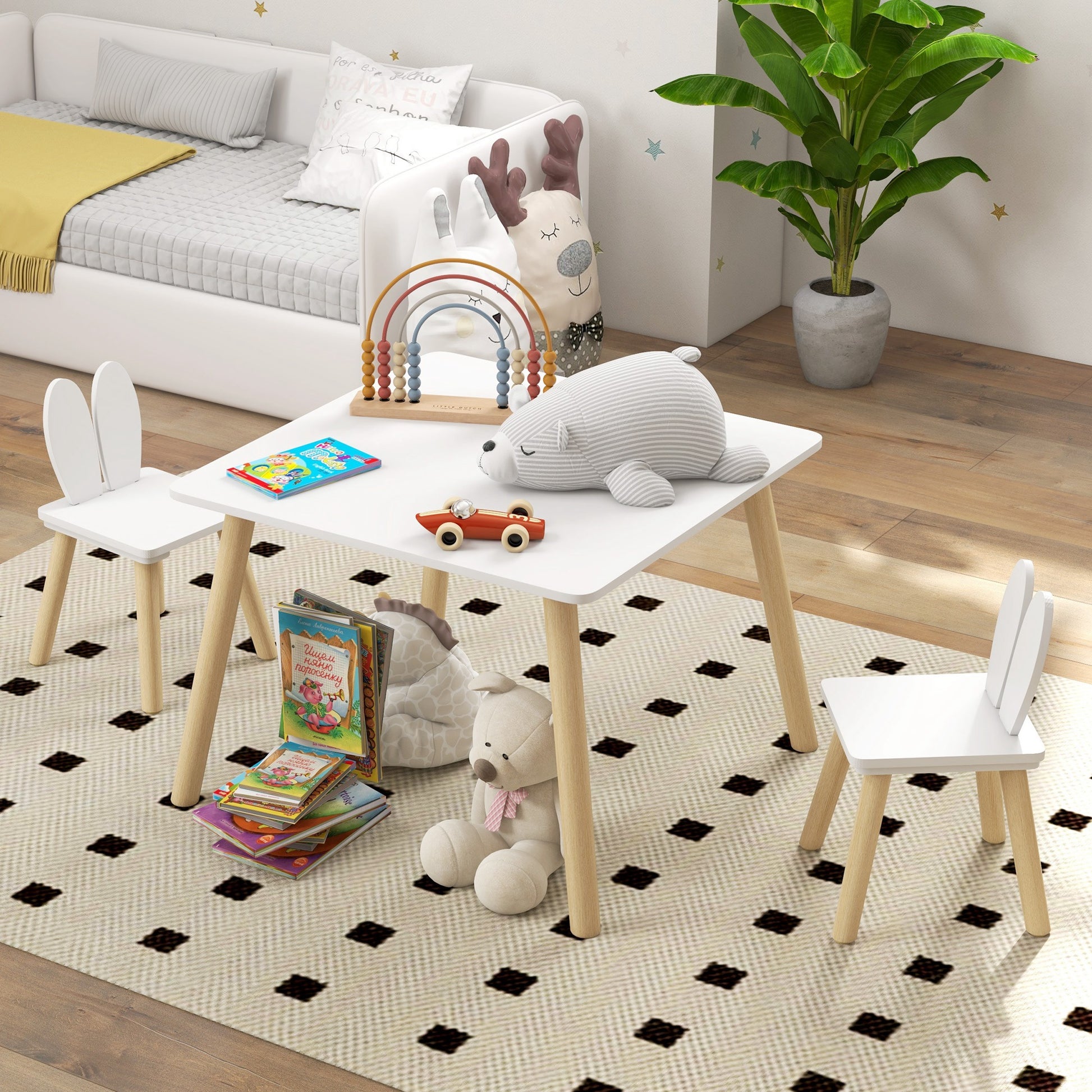 Children's Table and 2 Chairs Set Kids Table with Rabbit Ear Backrests Children's Table for Nursery Playroom White