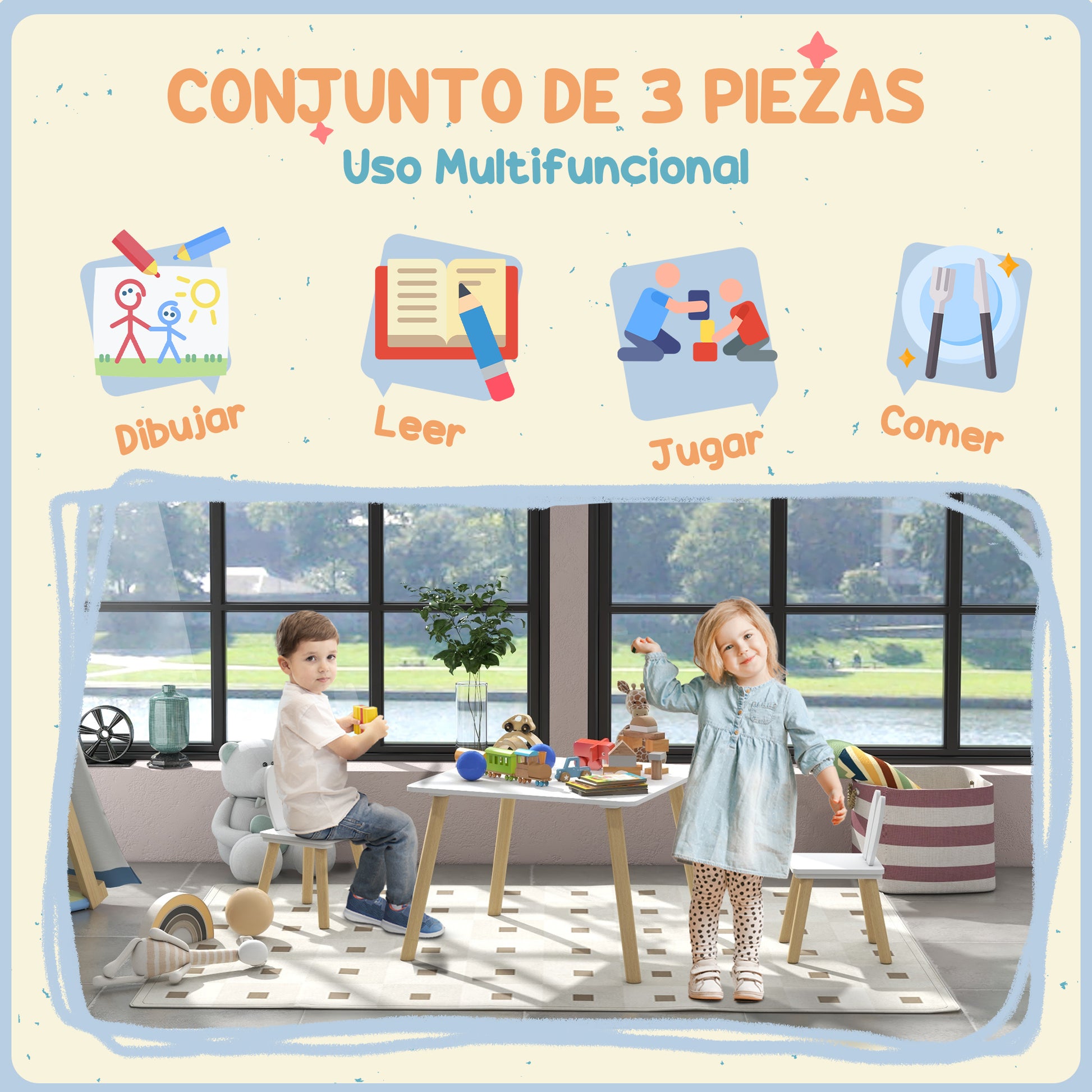 Children's Table and 2 Chairs Set Kids Table with Rabbit Ear Backrests Children's Table for Nursery Playroom White