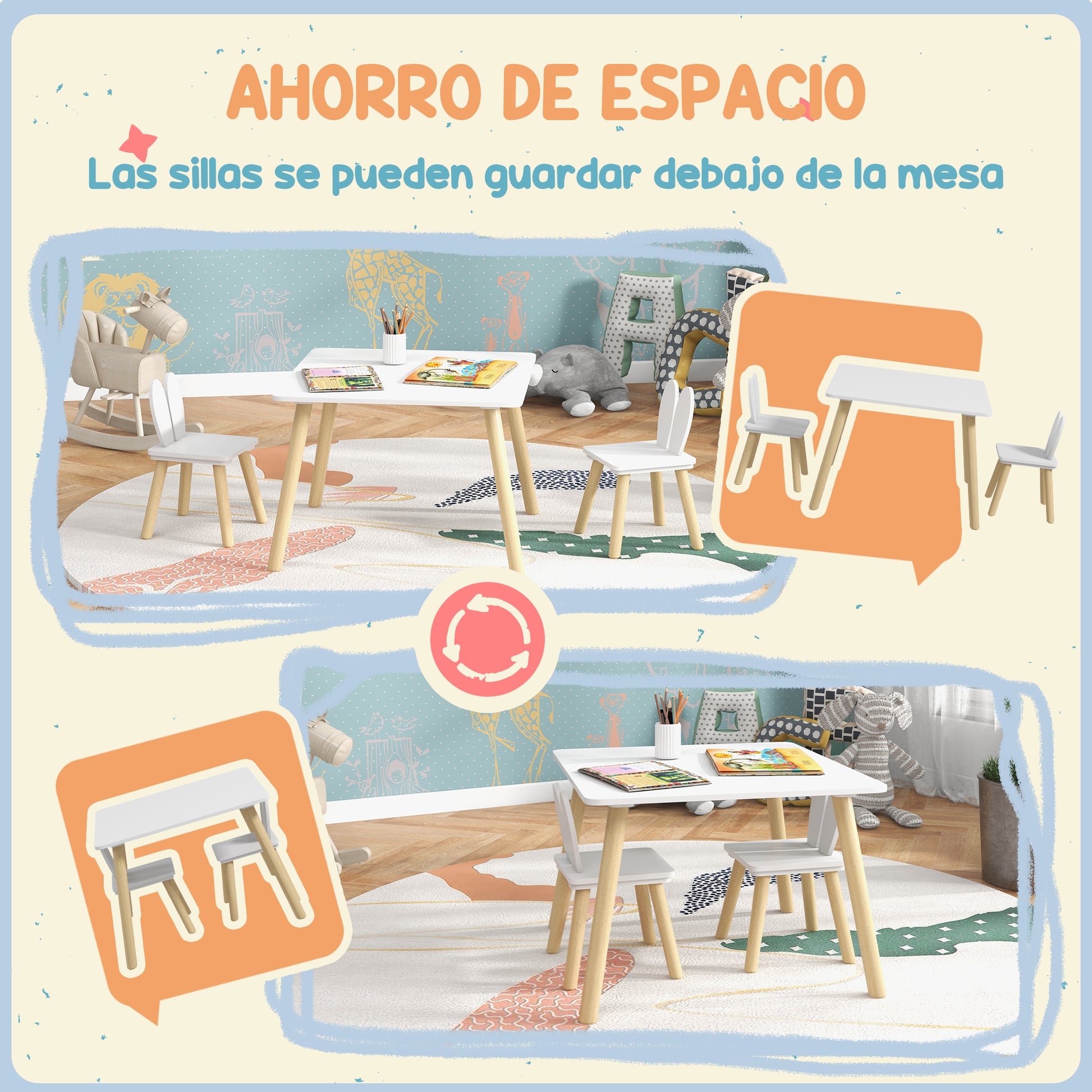 Children's Table and 2 Chairs Set Kids Table with Rabbit Ear Backrests Children's Table for Nursery Playroom White