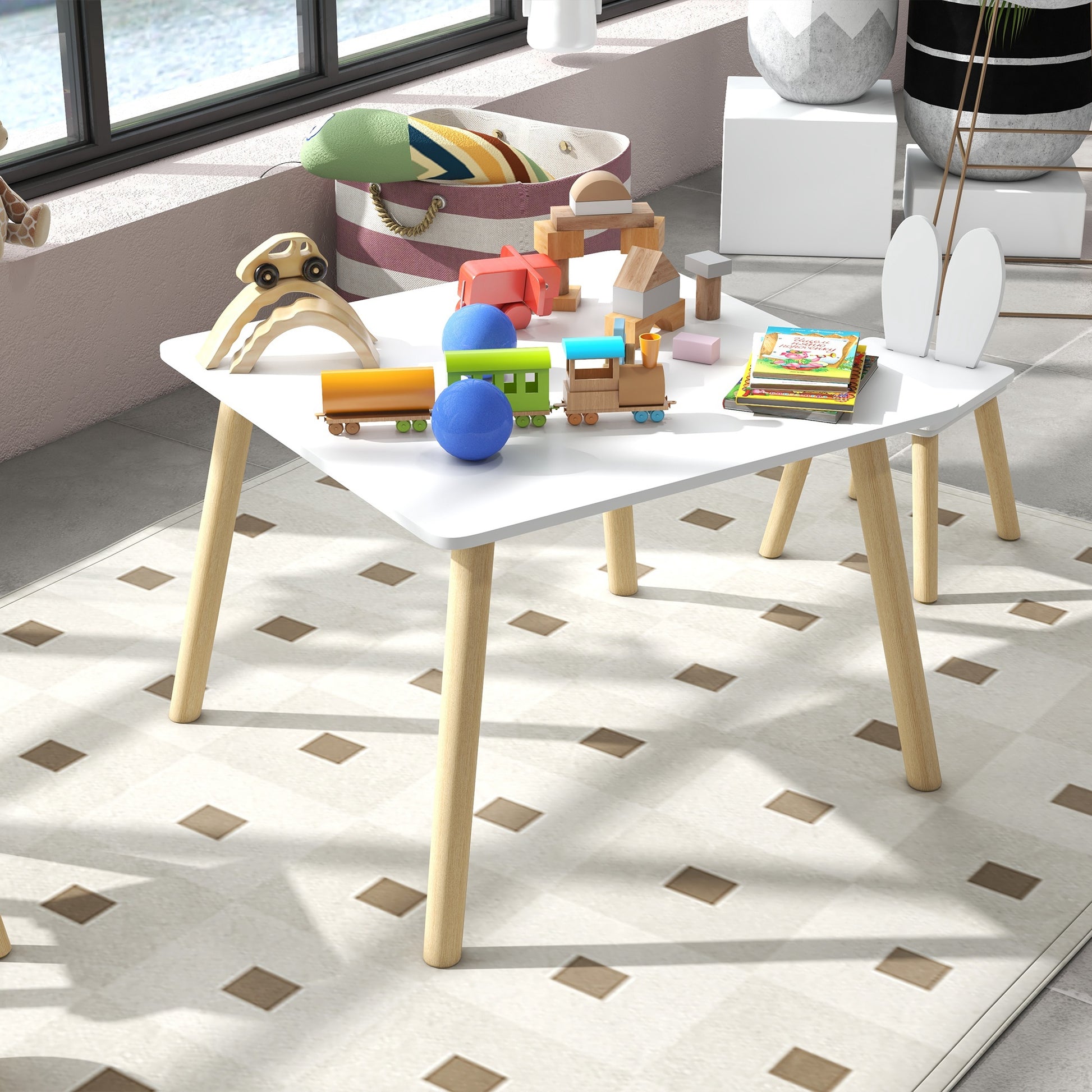 Children's Table and 2 Chairs Set Kids Table with Rabbit Ear Backrests Children's Table for Nursery Playroom White