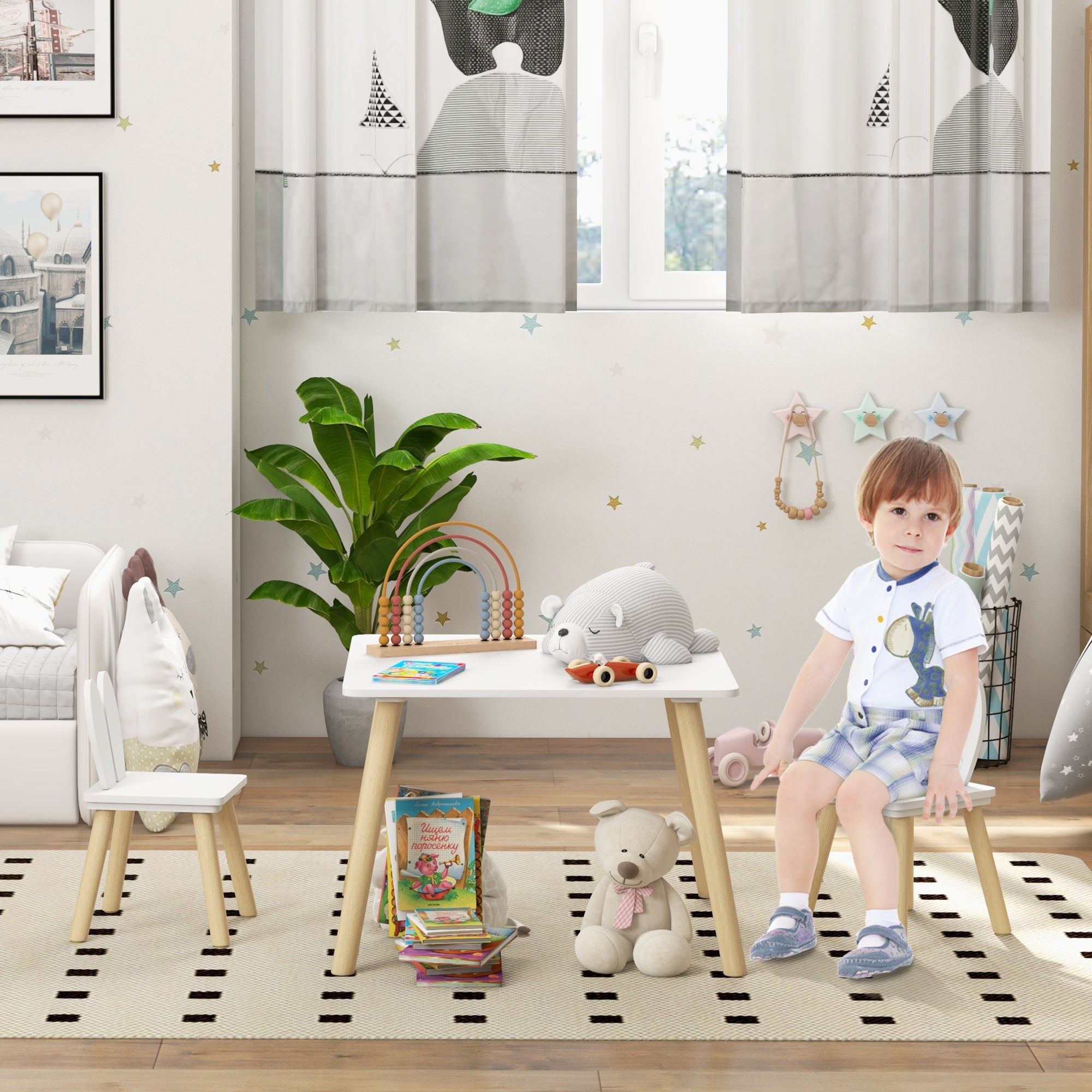 Children's Table and 2 Chairs Set Kids Table with Rabbit Ear Backrests Children's Table for Nursery Playroom White