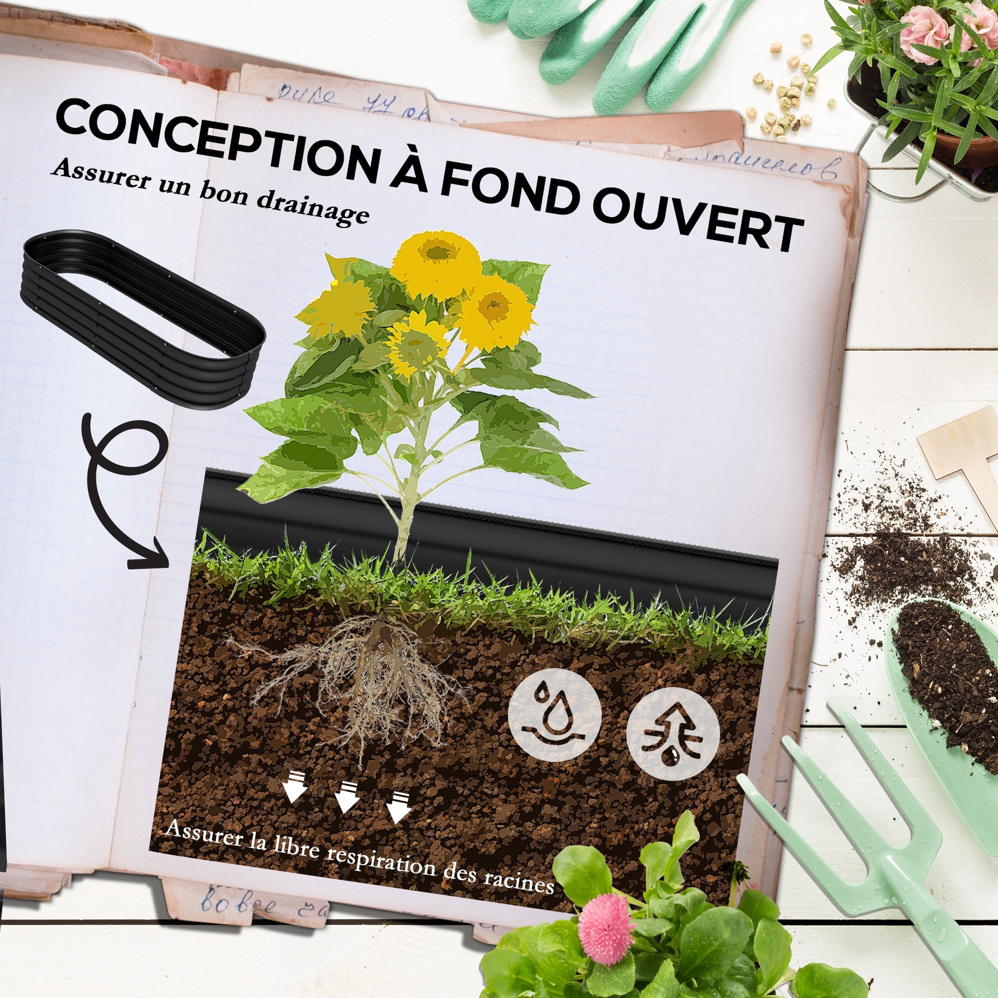 Modular Raised Garden Bed Vegetable Planter Steel Planter Box for Vegetables, Plants, Flowers, 150 x 62 x 30cm, Black
