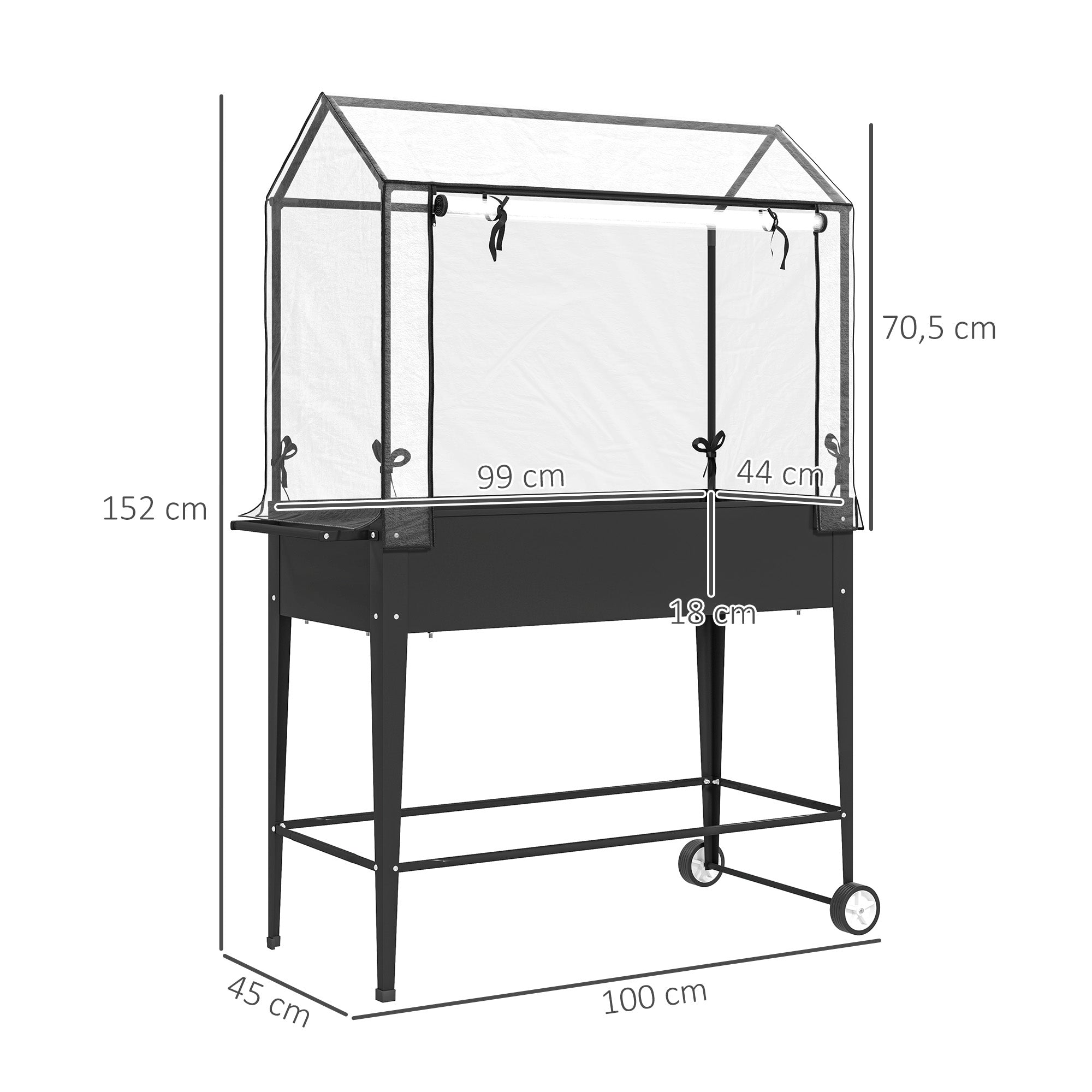 Raised Garden Bed with PVC Cover, Raised Planter with Wheels, Roll-Up Zippered Door and Drainage Hole, Mini Greenhouse for Vegetables, Flowers, Herbs, 100 x 45 x 152 cm, Black