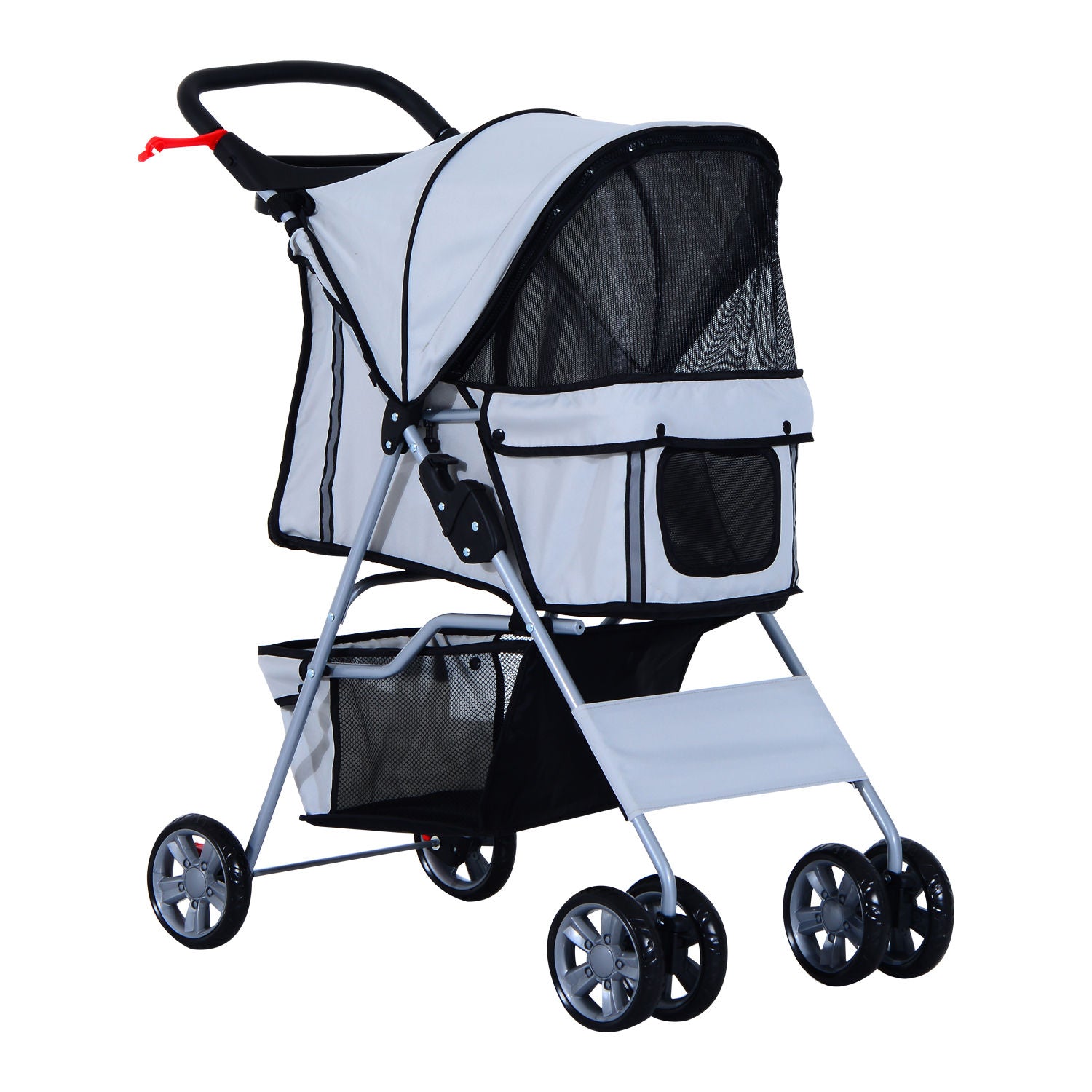 Dog Cart, Foldable Dog Stroller for Small Dogs and Miniature Dogs, Cat Stroller with Storage Basket, Cup Holder, Mesh Windows, Pet Cart Oxford, Silver