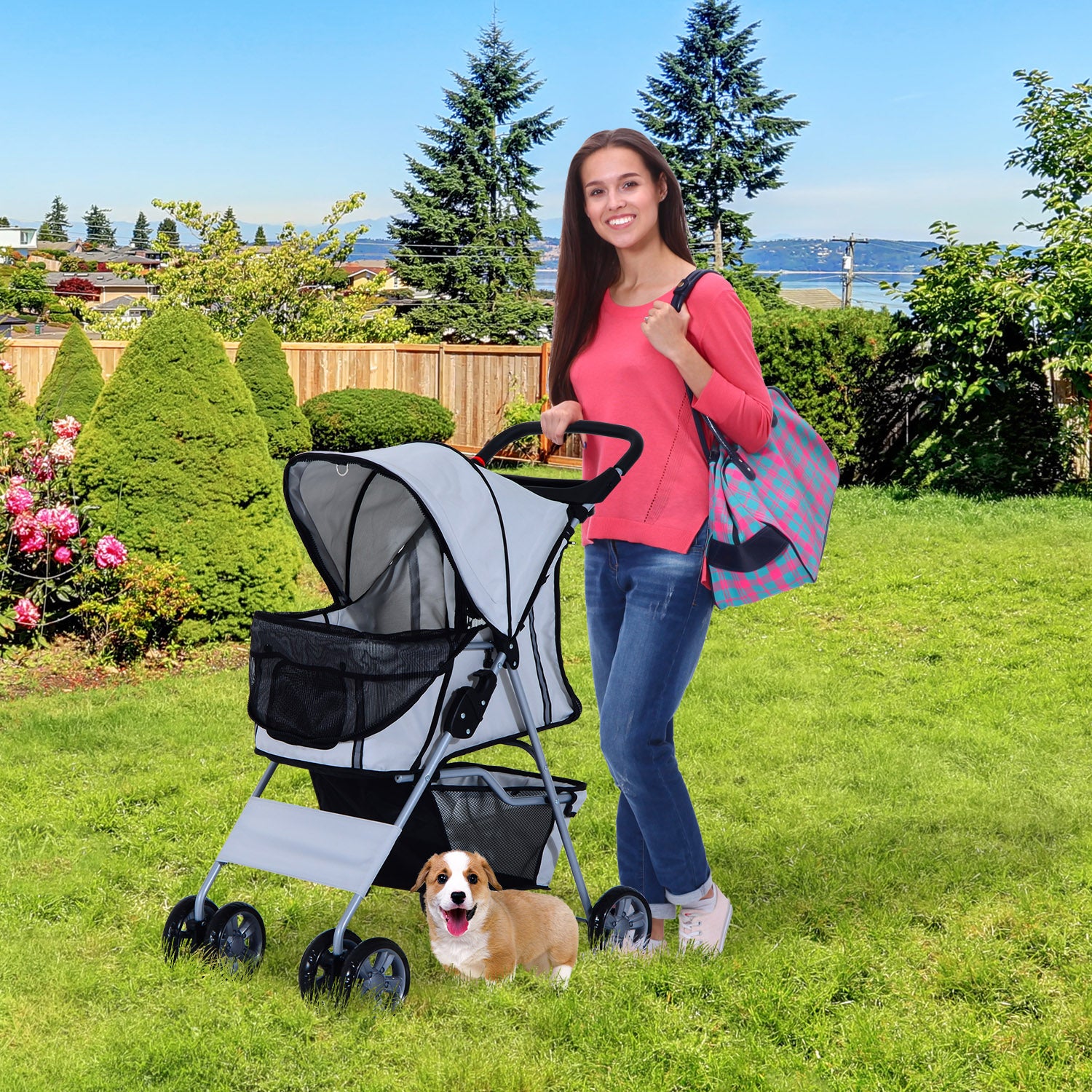 Dog Cart, Foldable Dog Stroller for Small Dogs and Miniature Dogs, Cat Stroller with Storage Basket, Cup Holder, Mesh Windows, Pet Cart Oxford, Silver