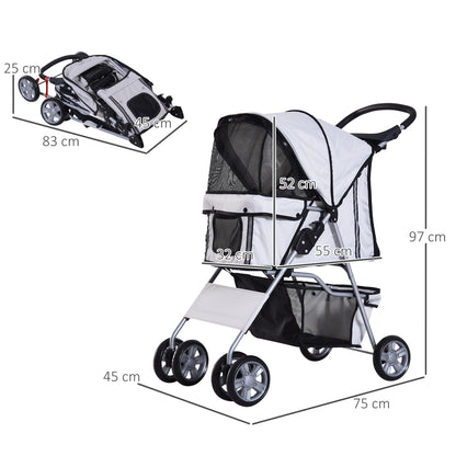 Dog Cart, Foldable Dog Stroller for Small Dogs and Miniature Dogs, Cat Stroller with Storage Basket, Cup Holder, Mesh Windows, Pet Cart Oxford, Silver