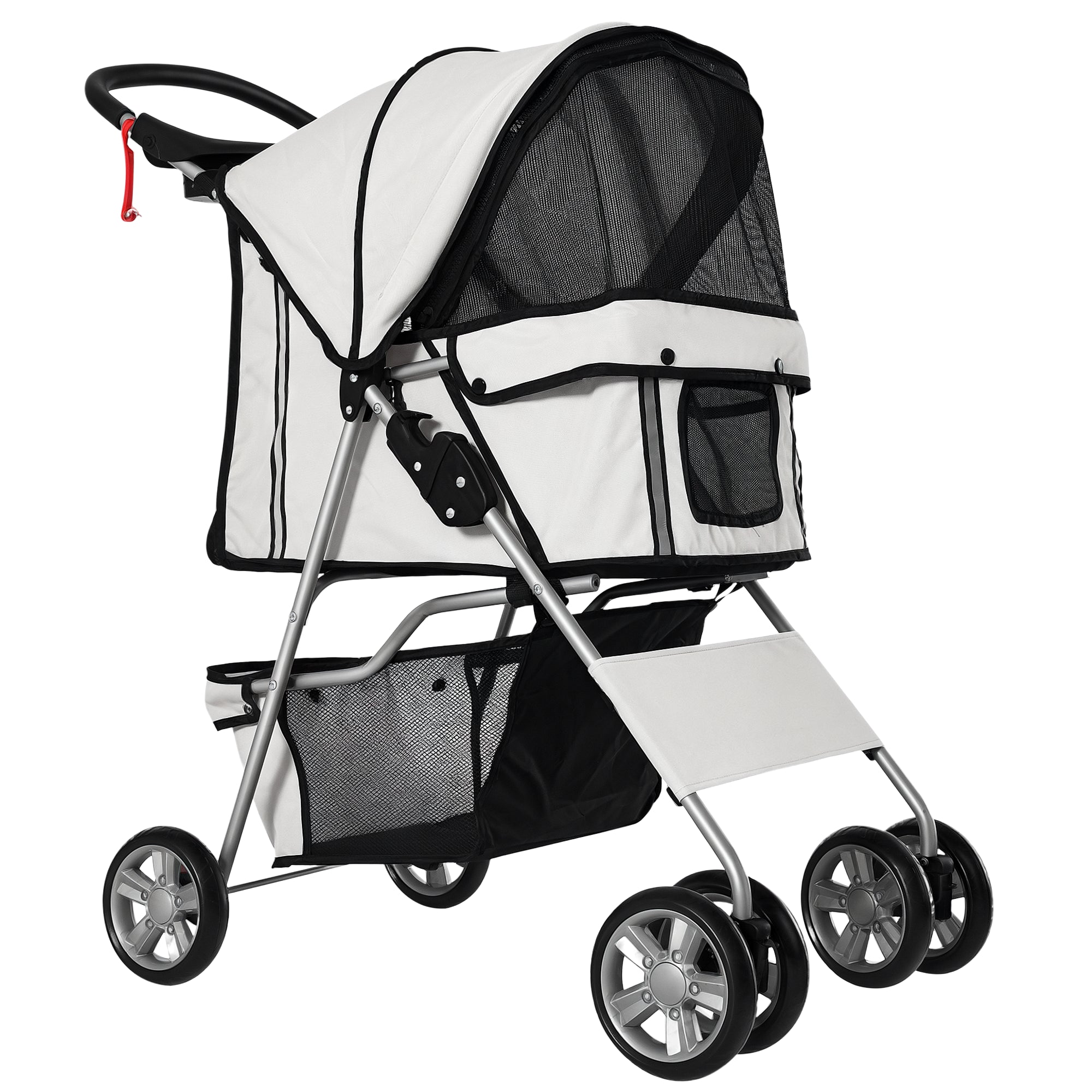 Dog Cart, Foldable Dog Stroller for Small Dogs and Miniature Dogs, Cat Stroller with Storage Basket, Cup Holder, Mesh Windows, Pet Cart Oxford, Silver