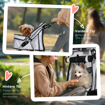 Dog Cart, Foldable Dog Stroller for Small Dogs and Miniature Dogs, Cat Stroller with Storage Basket, Cup Holder, Mesh Windows, Pet Cart Oxford, Silver