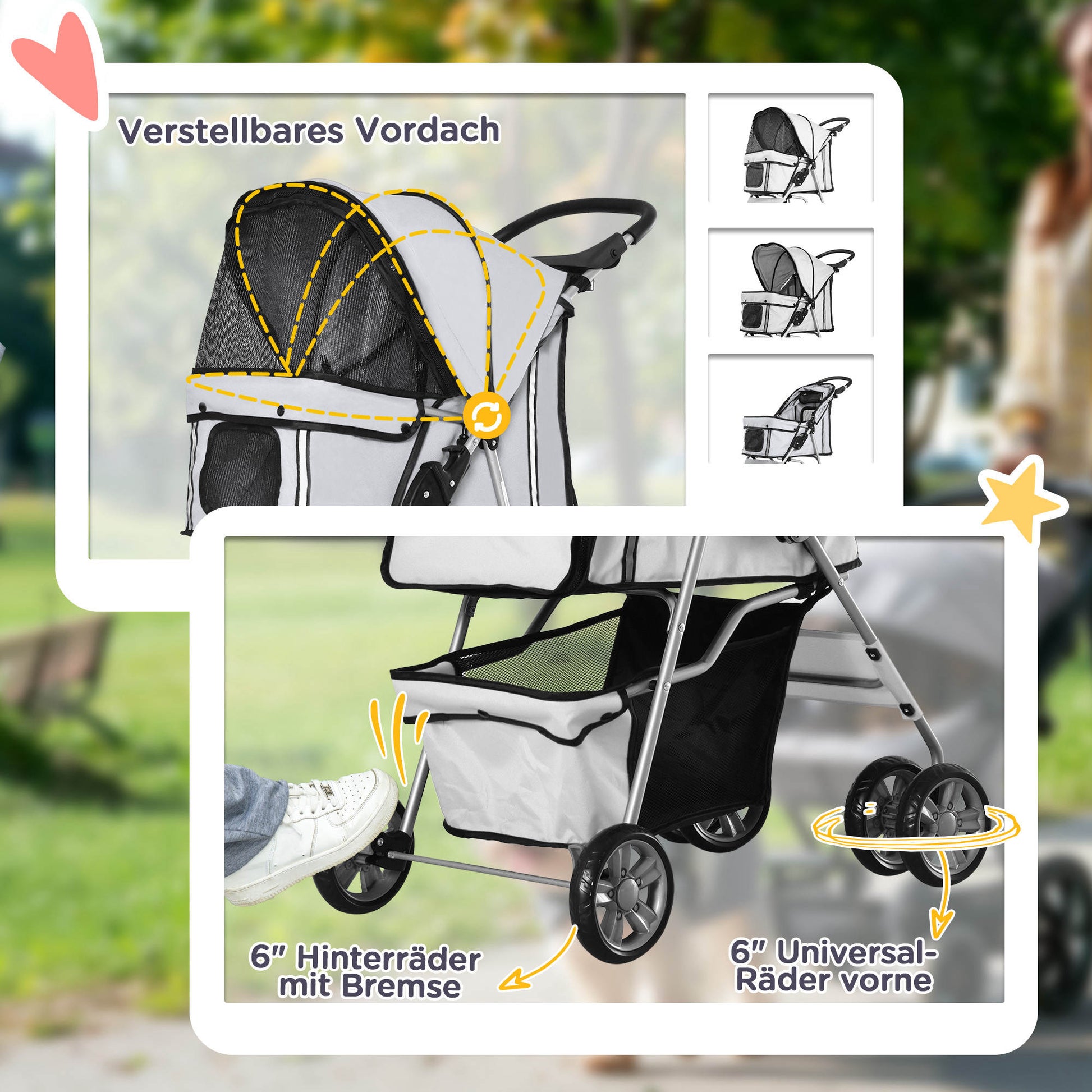 Dog Cart, Foldable Dog Stroller for Small Dogs and Miniature Dogs, Cat Stroller with Storage Basket, Cup Holder, Mesh Windows, Pet Cart Oxford, Silver