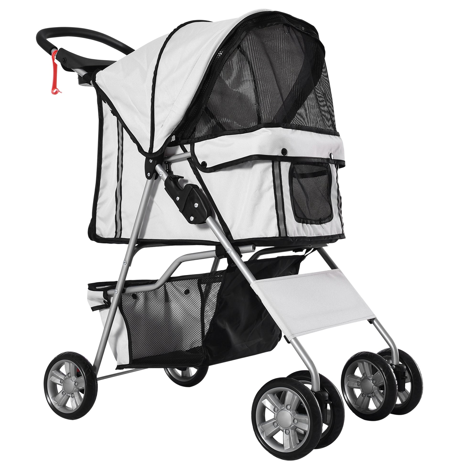 Dog Cart, Foldable Dog Stroller for Small Dogs and Miniature Dogs, Cat Stroller with Storage Basket, Cup Holder, Mesh Windows, Pet Cart Oxford, Silver