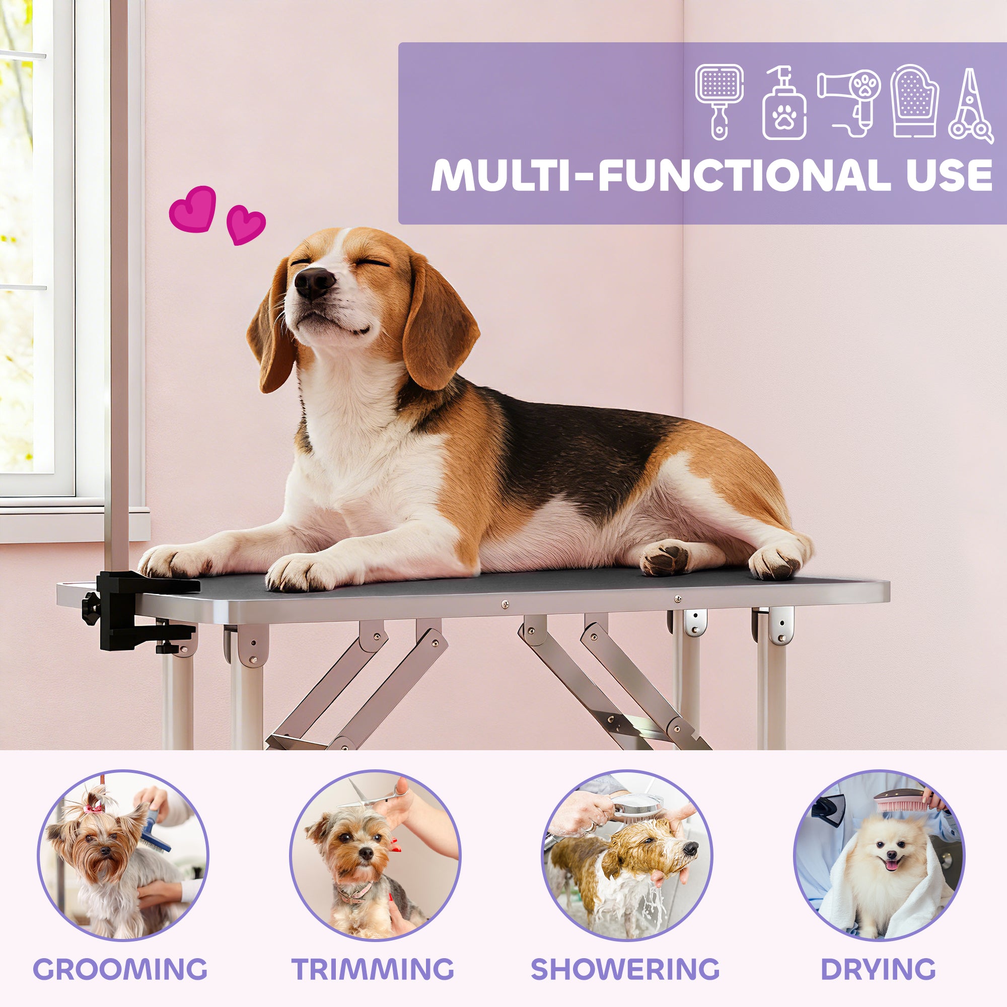 Folding Dog Grooming Table with Leash, Non-Slip Rubber Top, Foldable Steel Legs, 81 x 48.5 x 80 cm (31.9" x 19.1" x 31.5"), Black
