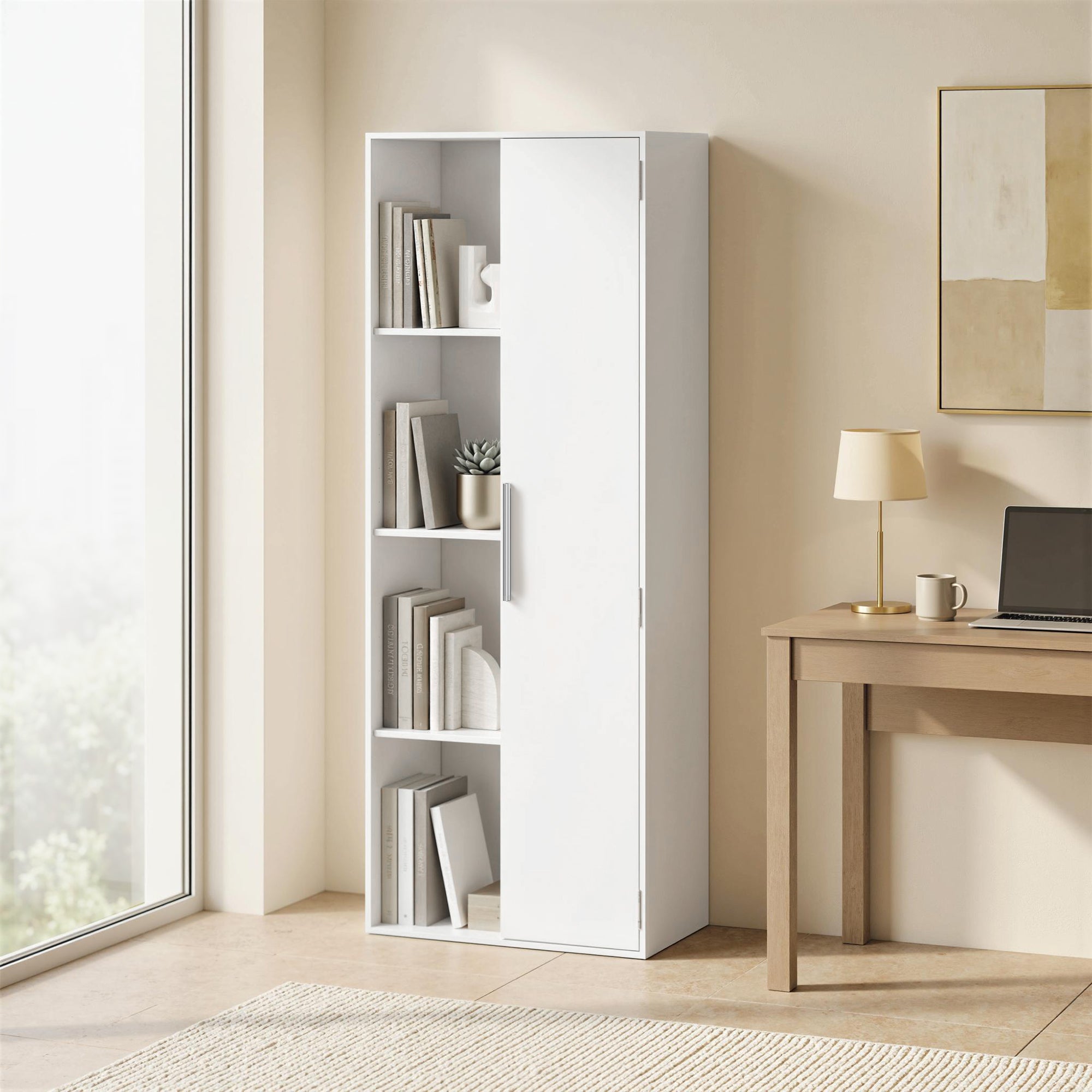 7-Tier Bookcase with Door, 4 Open Shelves & Adjustable Shelves — Modern Free-Standing Shelf 23.6 x 13.8 x 63 in (60 x 35 x 160 cm) — White