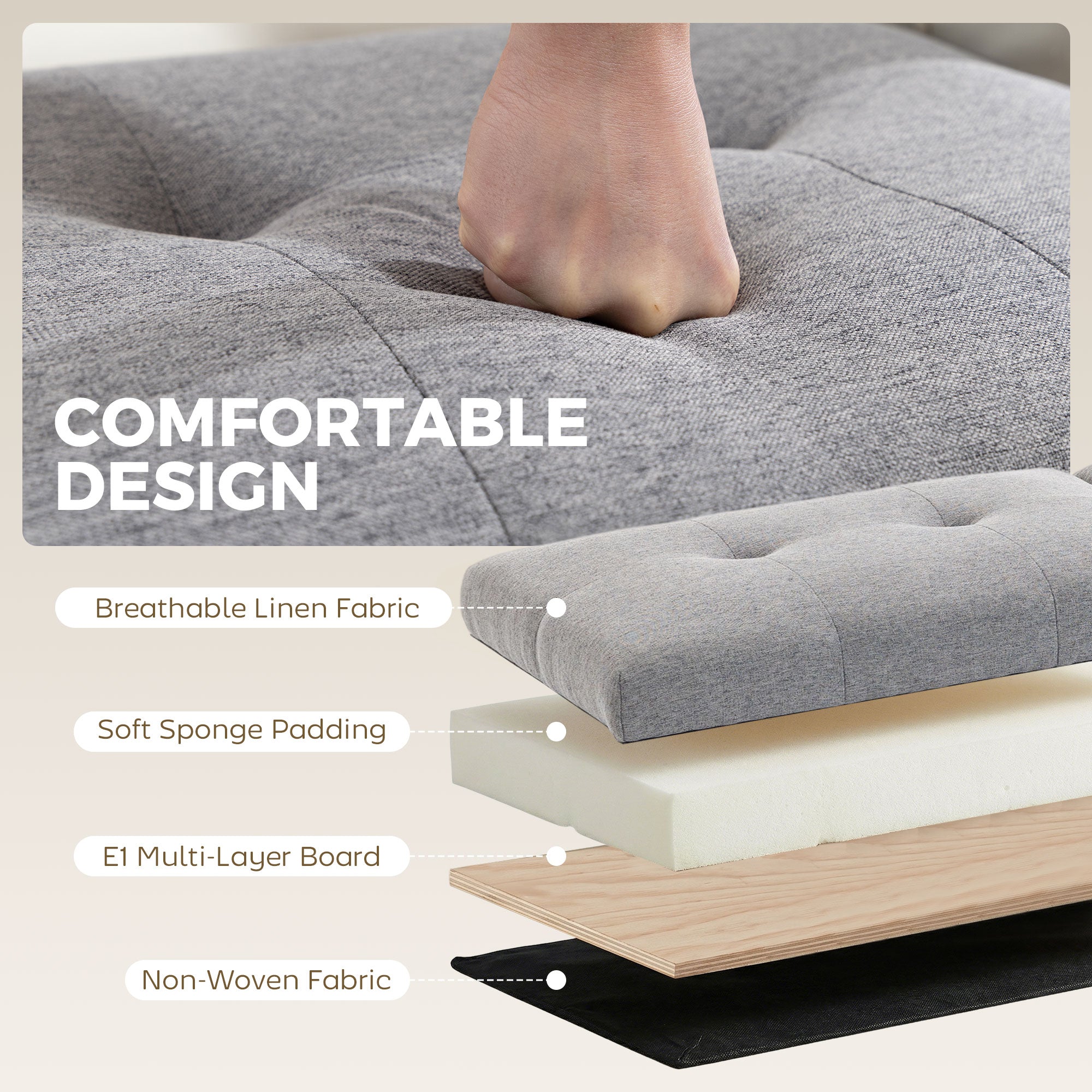 Storage Bench, Linen Ottoman with 2 Compartments, Hinged Lids and Extra-Thick Cushion, Button-Tufted Seat, for Bedroom, Living Room, Hallway — 46.1 x 19.7 x 17.3 in (117 x 50 x 44 cm), Gray