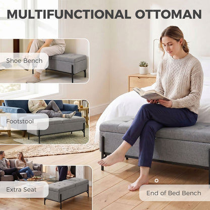 Storage Bench, Linen Ottoman with 2 Compartments, Hinged Lids and Extra-Thick Cushion, Button-Tufted Seat, for Bedroom, Living Room, Hallway — 46.1 x 19.7 x 17.3 in (117 x 50 x 44 cm), Gray