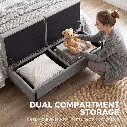 Storage Bench, Linen Ottoman with 2 Compartments, Hinged Lids and Extra-Thick Cushion, Button-Tufted Seat, for Bedroom, Living Room, Hallway — 46.1 x 19.7 x 17.3 in (117 x 50 x 44 cm), Gray