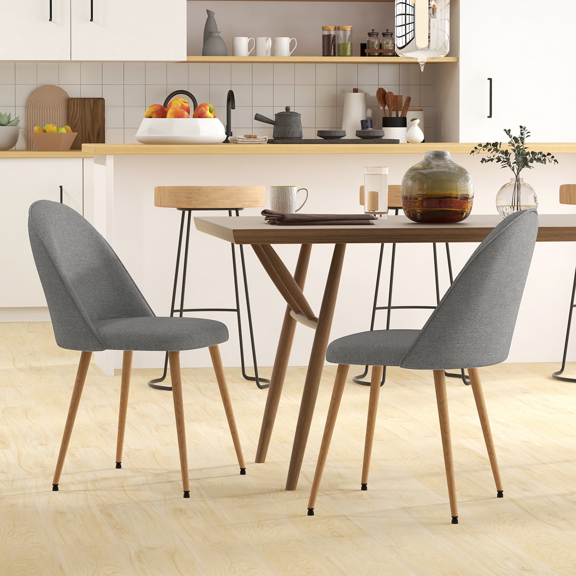 Set of 2 Dining Chairs Upholstered Kitchen Chairs with Linen Fabric and Steel Legs Modern Style for Living Room Bedroom Load 120 kg 50x52x83 cm Gray