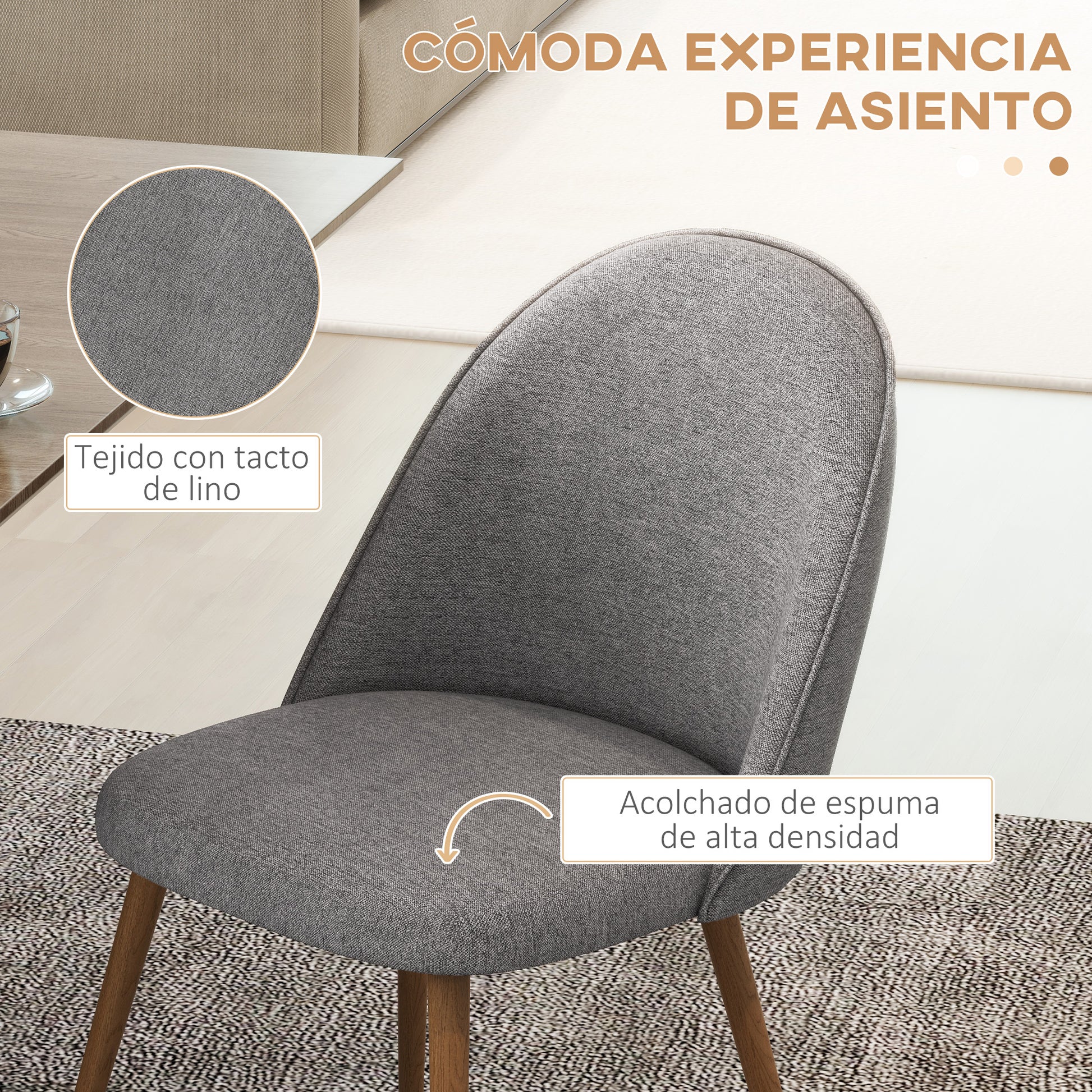 Set of 2 Dining Chairs Upholstered Kitchen Chairs with Linen Fabric and Steel Legs Modern Style for Living Room Bedroom Load 120 kg 50x52x83 cm Gray