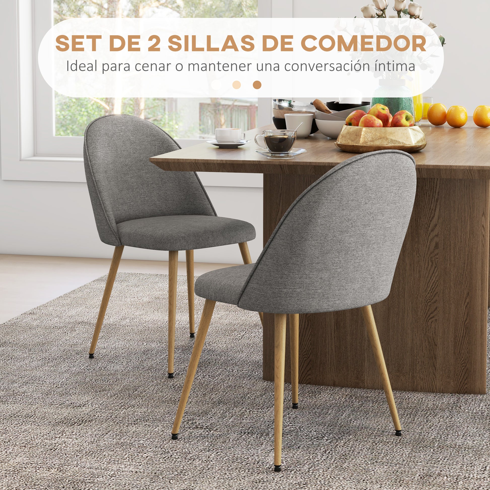 Set of 2 Dining Chairs Upholstered Kitchen Chairs with Linen Fabric and Steel Legs Modern Style for Living Room Bedroom Load 120 kg 50x52x83 cm Gray