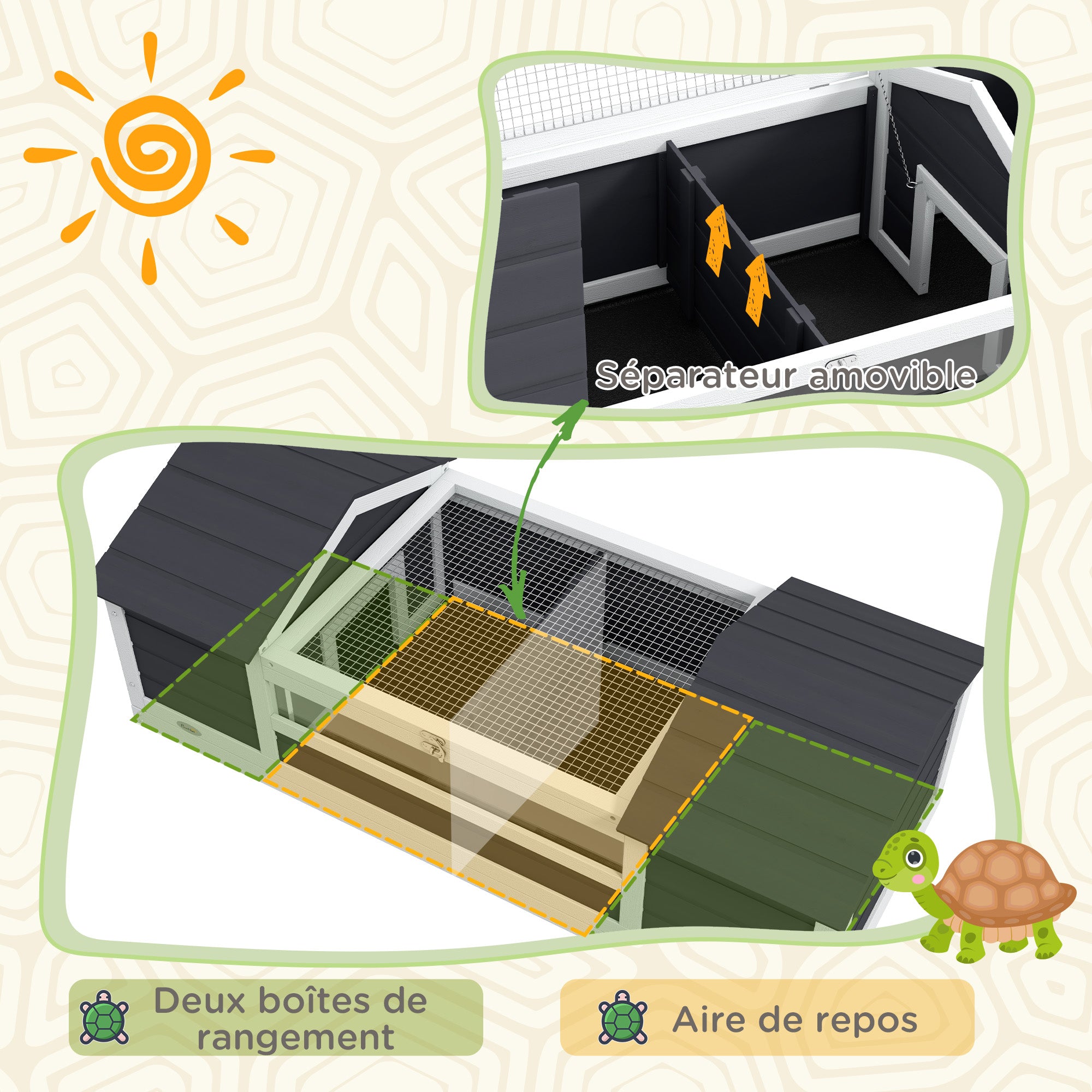 Outdoor Land Turtle House, Wooden Turtle Enclosure, 2 Hideouts, Adjustable Lamp Holder, Transparent Acrylic Window, Gray