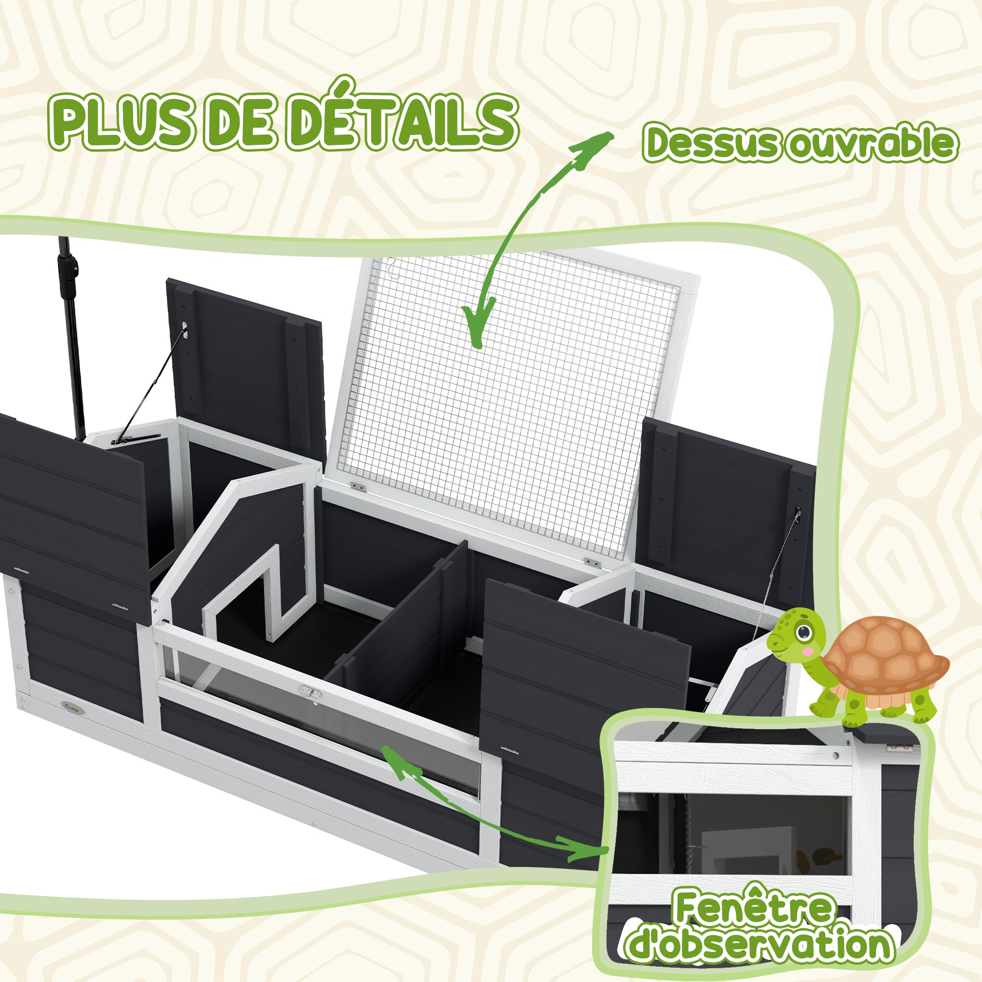 Outdoor Land Turtle House, Wooden Turtle Enclosure, 2 Hideouts, Adjustable Lamp Holder, Transparent Acrylic Window, Gray