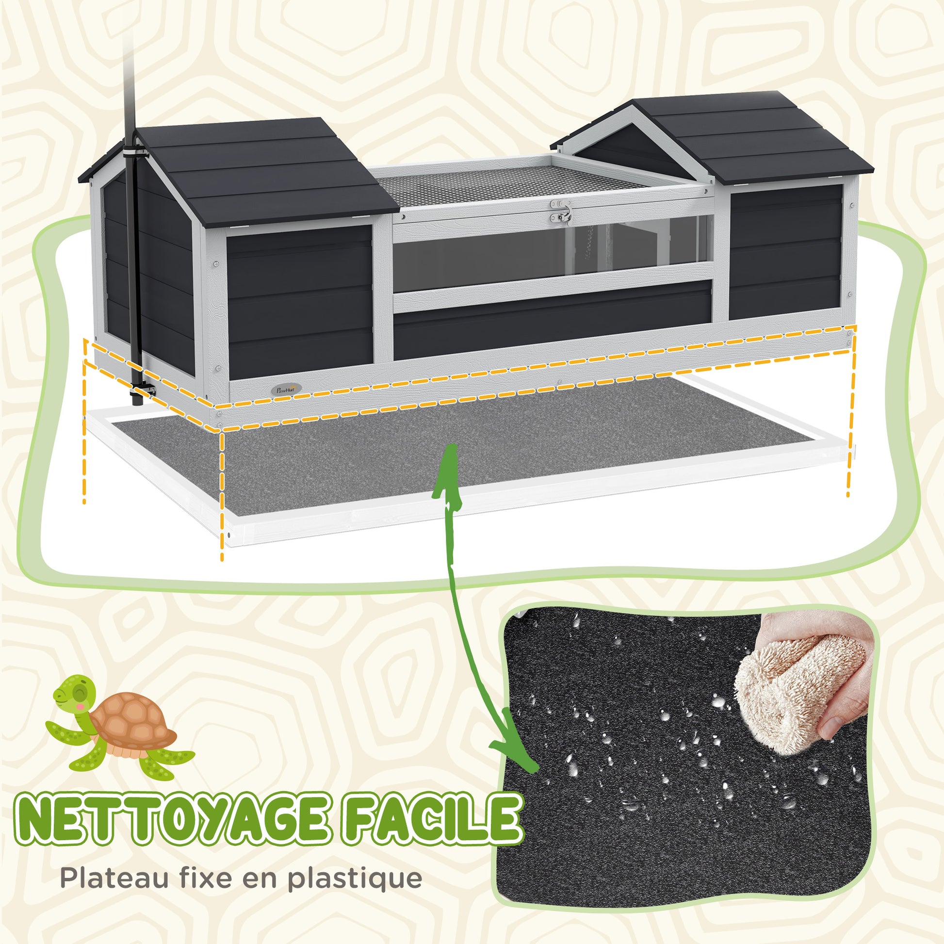 Outdoor Land Turtle House, Wooden Turtle Enclosure, 2 Hideouts, Adjustable Lamp Holder, Transparent Acrylic Window, Gray