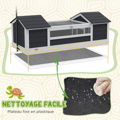 Outdoor Land Turtle House, Wooden Turtle Enclosure, 2 Hideouts, Adjustable Lamp Holder, Transparent Acrylic Window, Gray