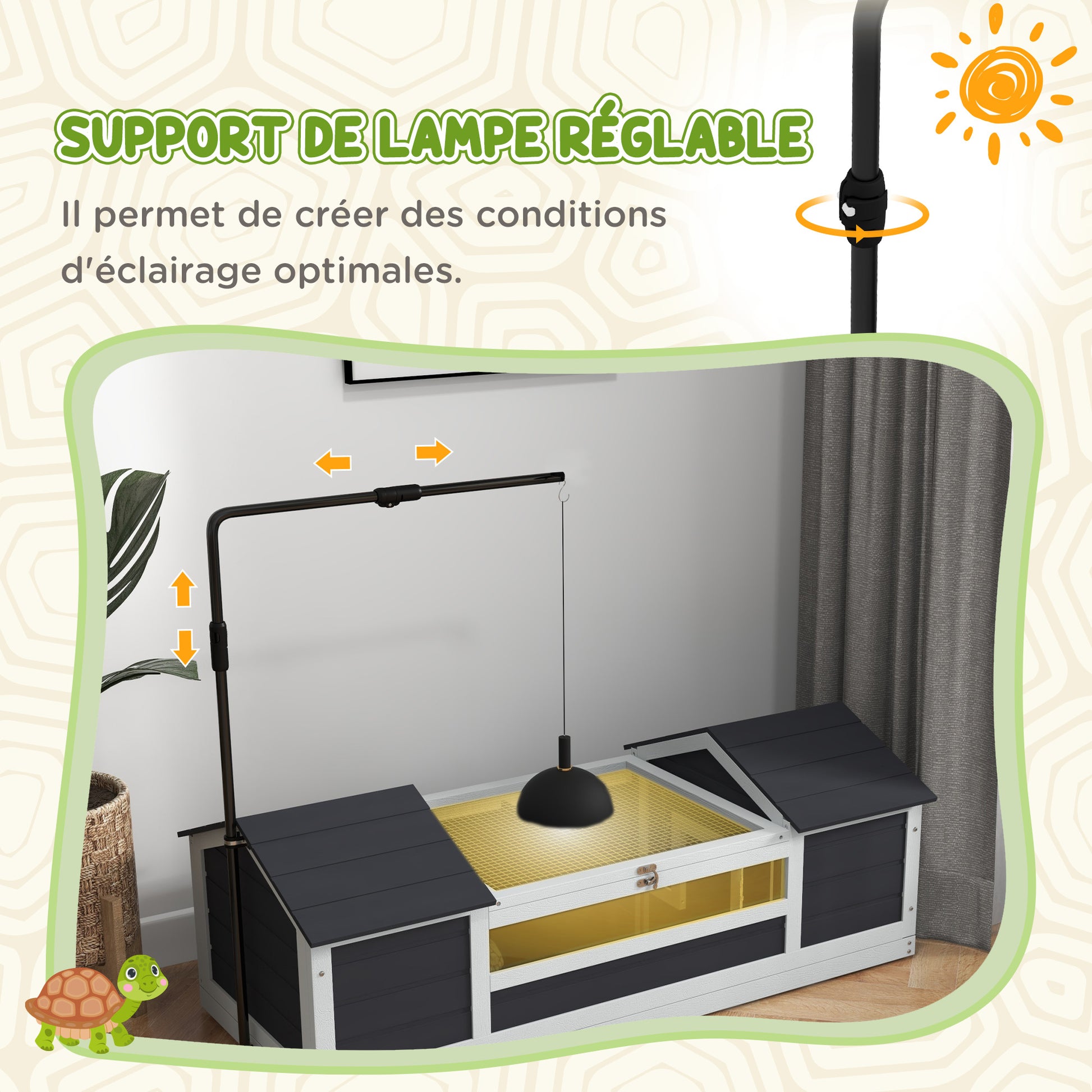 Outdoor Land Turtle House, Wooden Turtle Enclosure, 2 Hideouts, Adjustable Lamp Holder, Transparent Acrylic Window, Gray