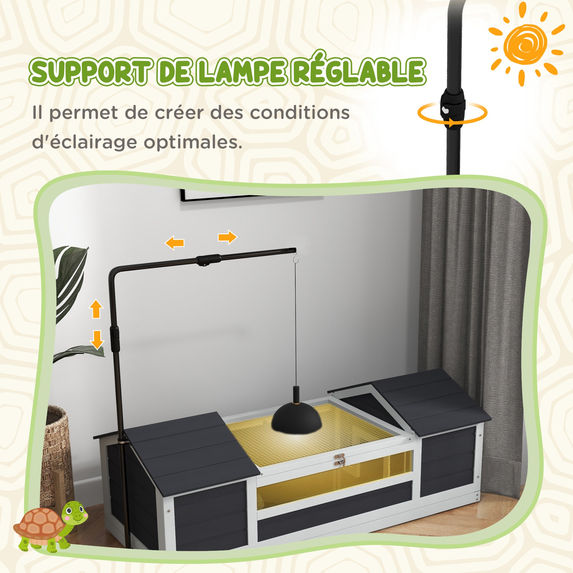 Outdoor Land Turtle House, Wooden Turtle Enclosure, 2 Hideouts, Adjustable Lamp Holder, Transparent Acrylic Window, Gray