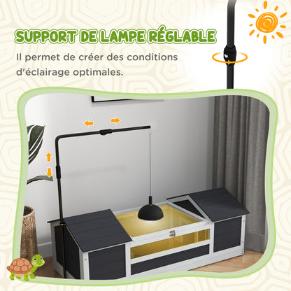 Outdoor Land Turtle House, Wooden Turtle Enclosure, 2 Hideouts, Adjustable Lamp Holder, Transparent Acrylic Window, Gray