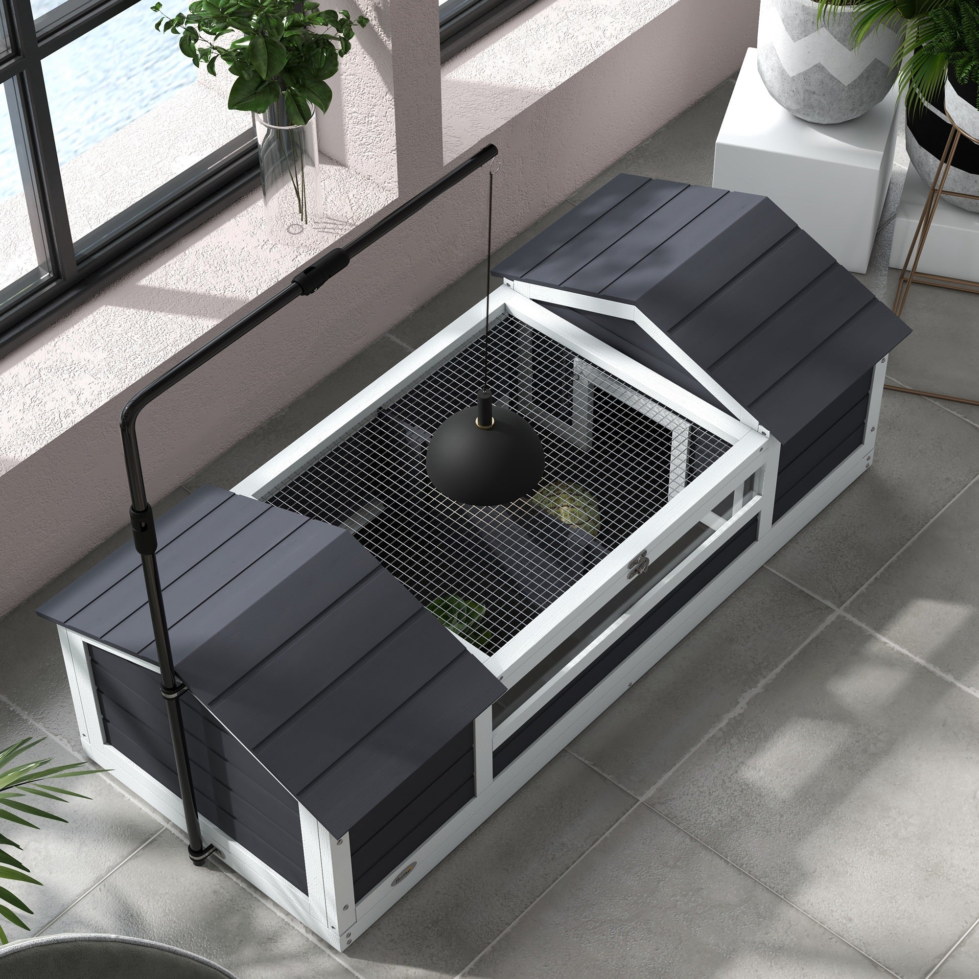 Outdoor Land Turtle House, Wooden Turtle Enclosure, 2 Hideouts, Adjustable Lamp Holder, Transparent Acrylic Window, Gray