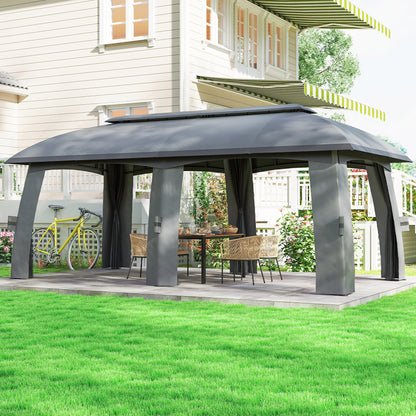 Pavilion, 3 x 6 m Party Tent with Double Roof, Garden Gazebo, Beer Tent with Mosquito Nets, for up to 15 People, for Yard, Galvanized Metal, Dark Gray