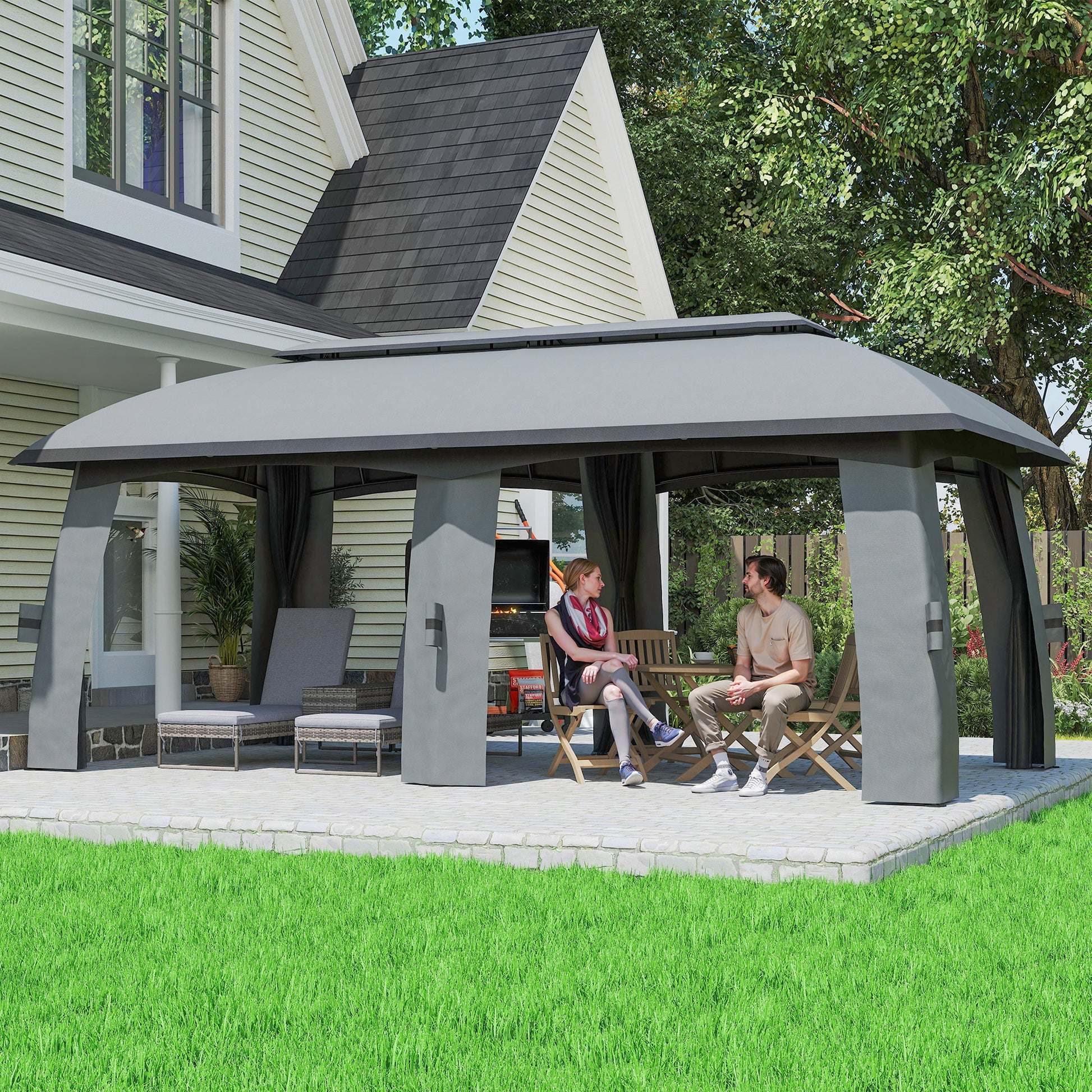 Pavilion, 3 x 6 m Party Tent with Double Roof, Garden Gazebo, Beer Tent with Mosquito Nets, for up to 15 People, for Yard, Galvanized Metal, Dark Gray