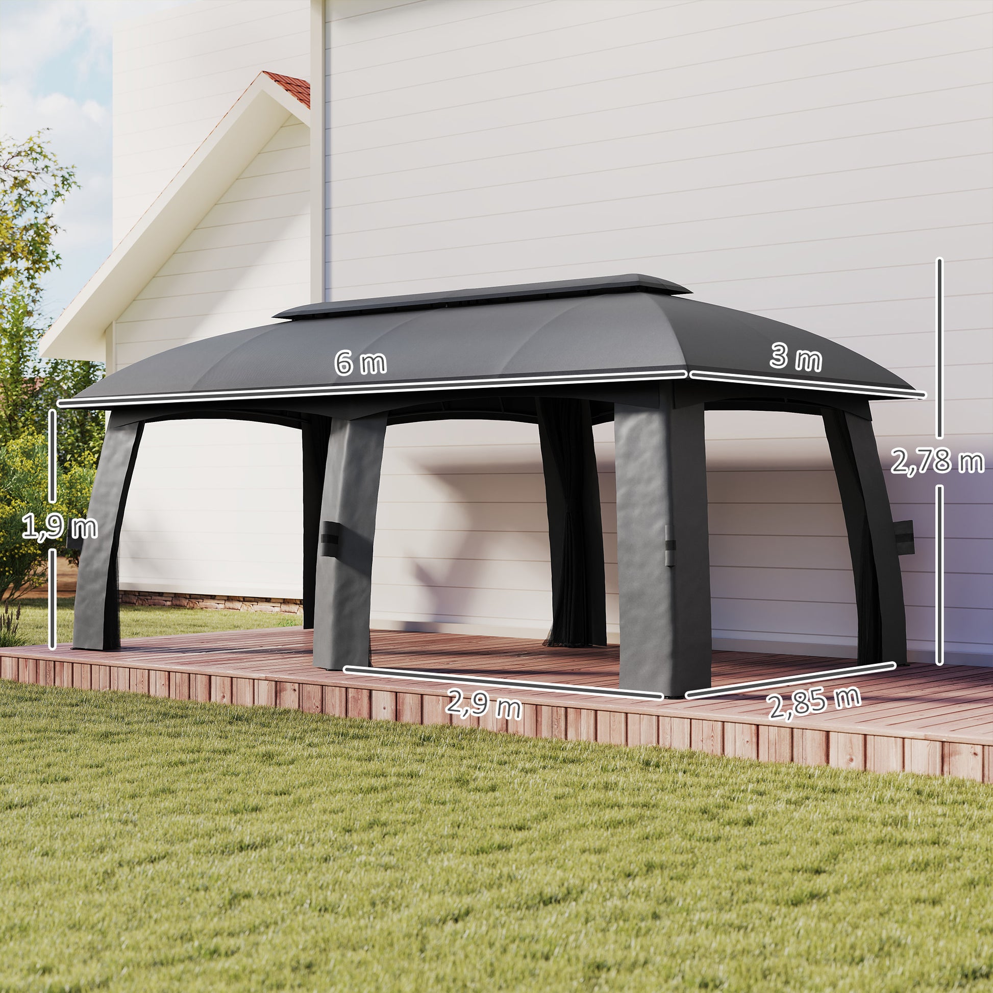Pavilion, 3 x 6 m Party Tent with Double Roof, Garden Gazebo, Beer Tent with Mosquito Nets, for up to 15 People, for Yard, Galvanized Metal, Dark Gray
